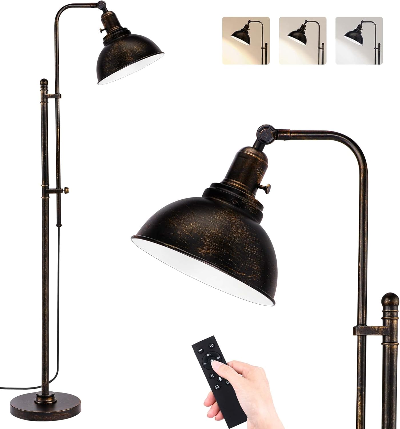Cinoton Industrial Floor Lamp Adjustable Rustic Farmhouse Reading Lamp in Aged Black Finish Modern Standing Lamp with Remote Control Metal Shade for Living Room Bedroom Study Room Office Hotel