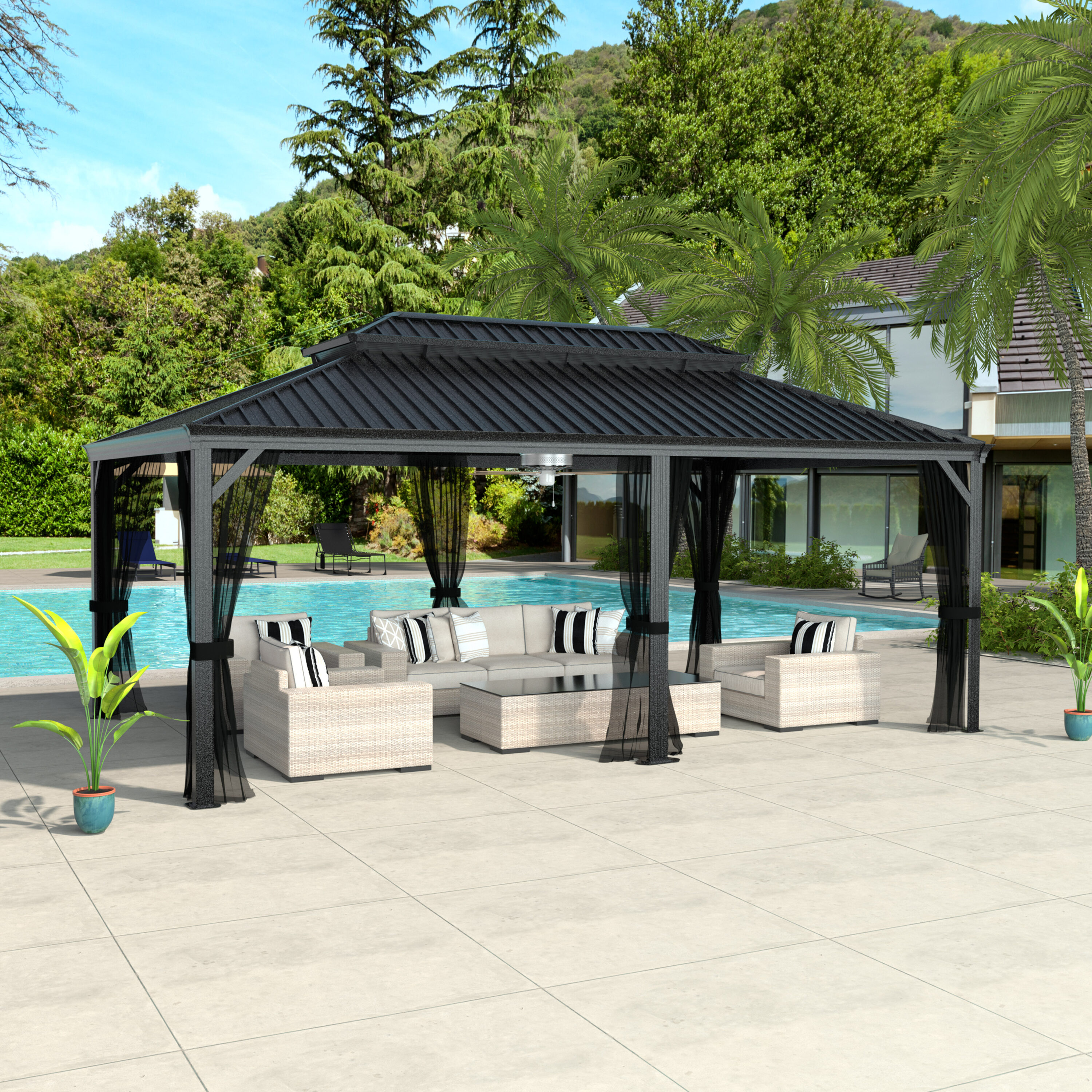 VEIKOUS - Gazebo 12-ft x 20-ft Hardtop Roof Aluminum Gazebo (Screen Included)