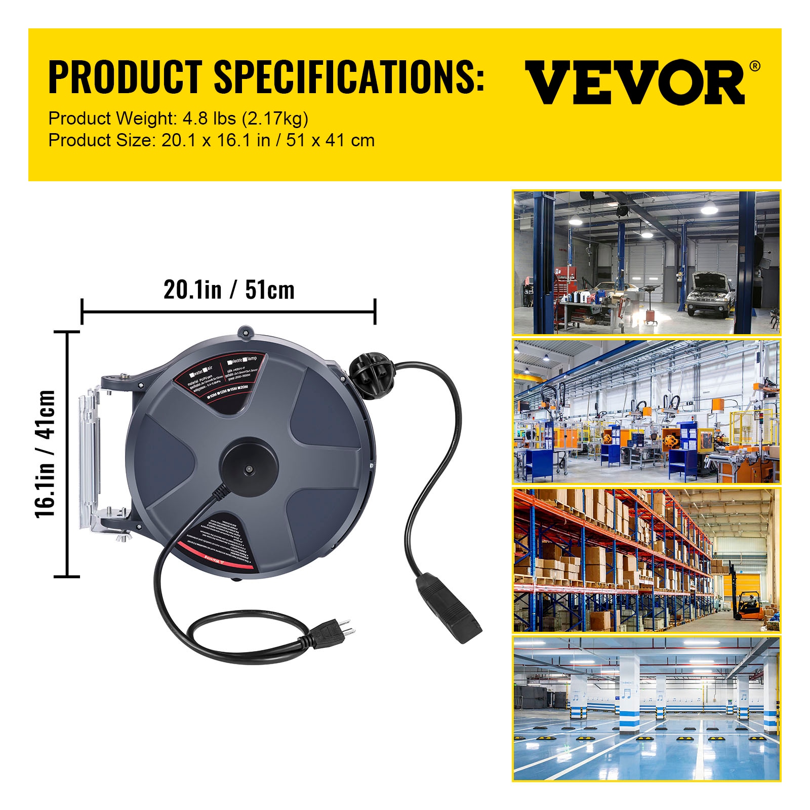 VEVOR Retractable Extension Cord Reel 45 FT Heavy Duty 12AWG/3C SJTOW Power  Cord with Lighted Triple Tap Outlet, 15 Amp Circuit Breaker 180° Swivel  Bracket for Ceiling or Wall Mount, UL L 