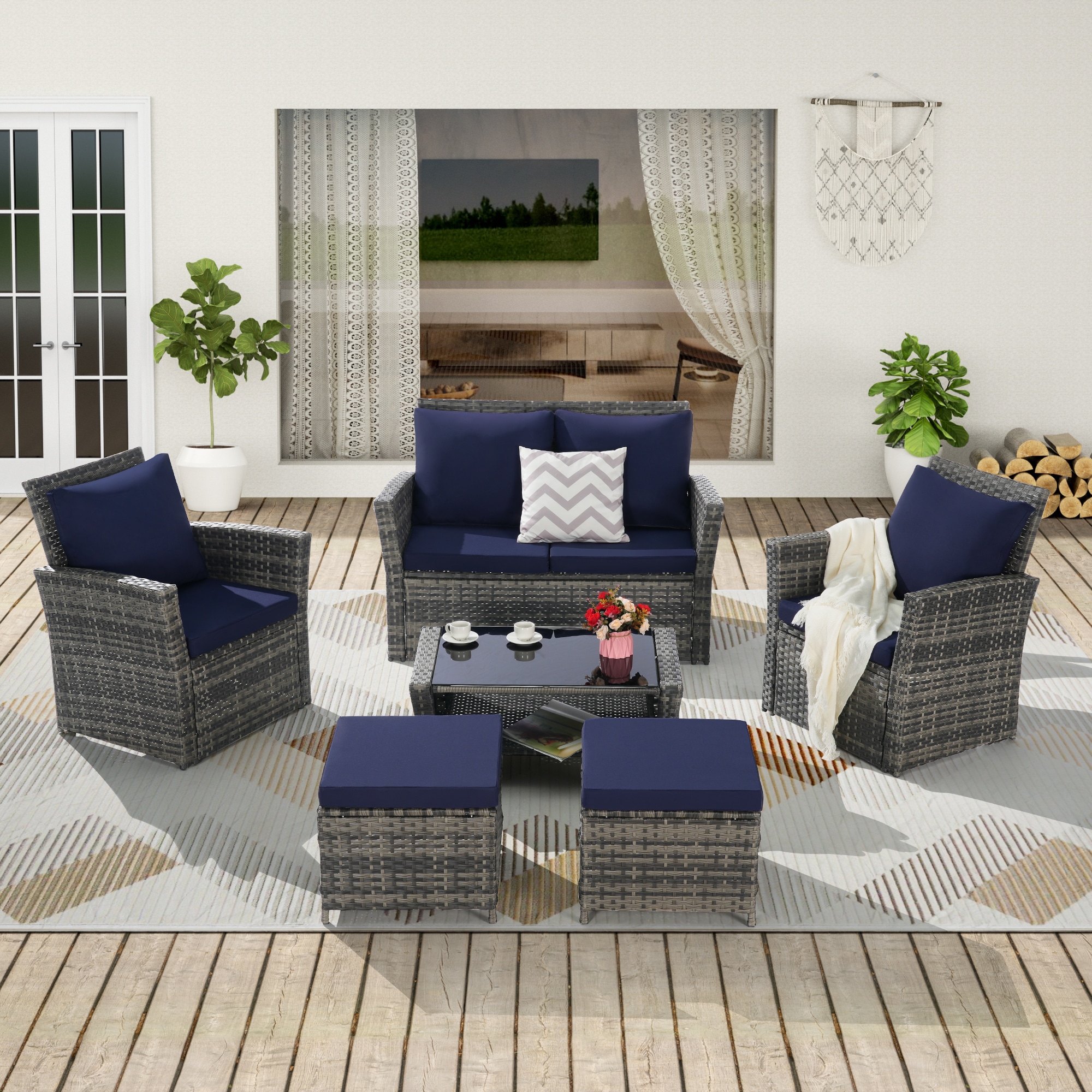 Mondawe MDP-0550 6 -Piece Rattan Patio Conversation Set with Blue Cushions
