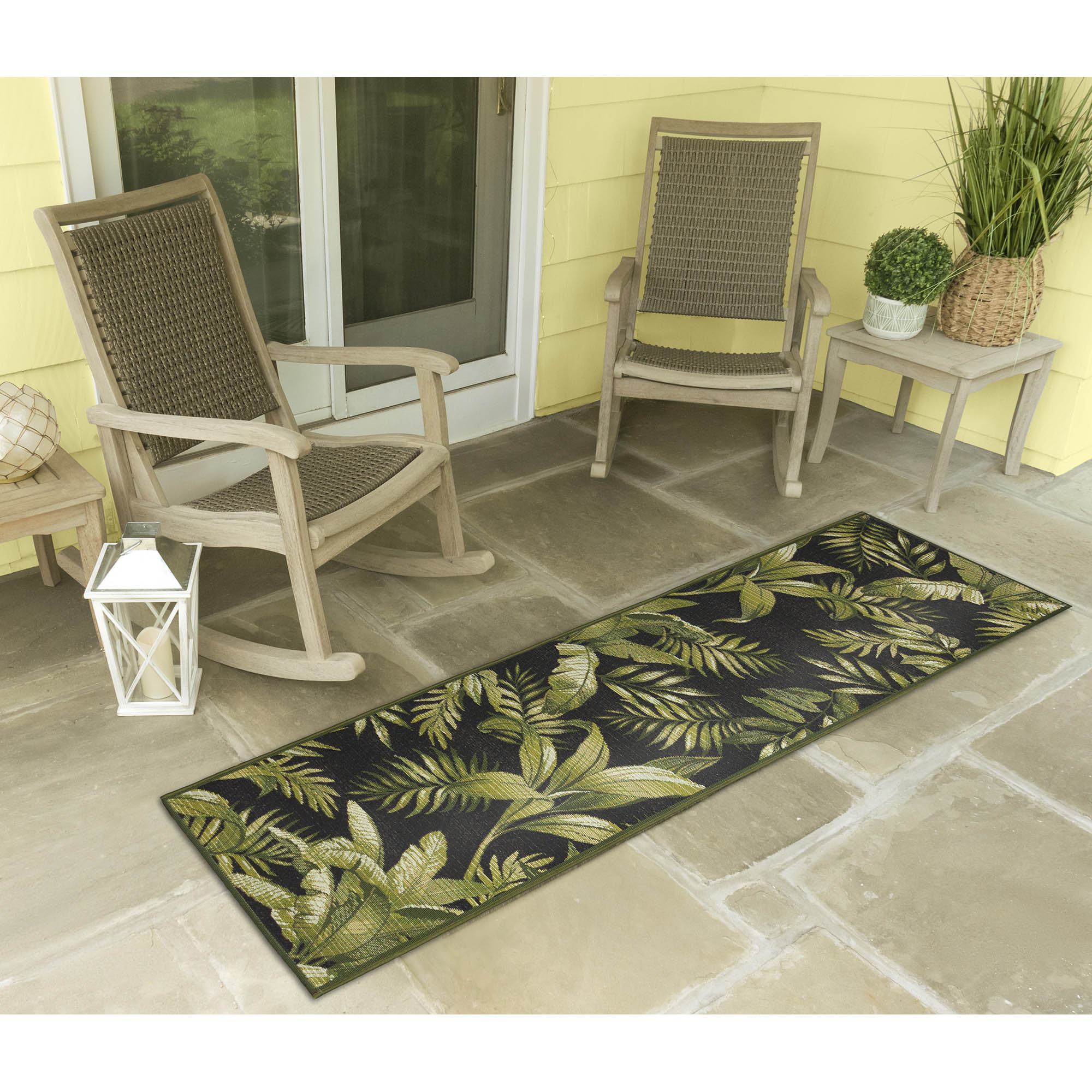 Aqua Palm Leaf Square Indoor/Outdoor Easy-Care Rug