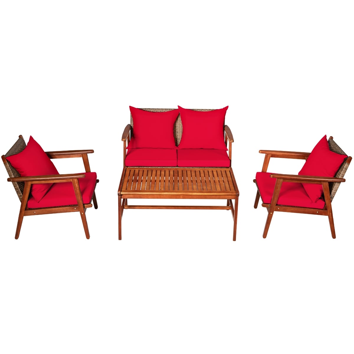 WELLFOR OUS66517RE+ 4 -Piece Rattan Patio Conversation Set with Red Cushions
