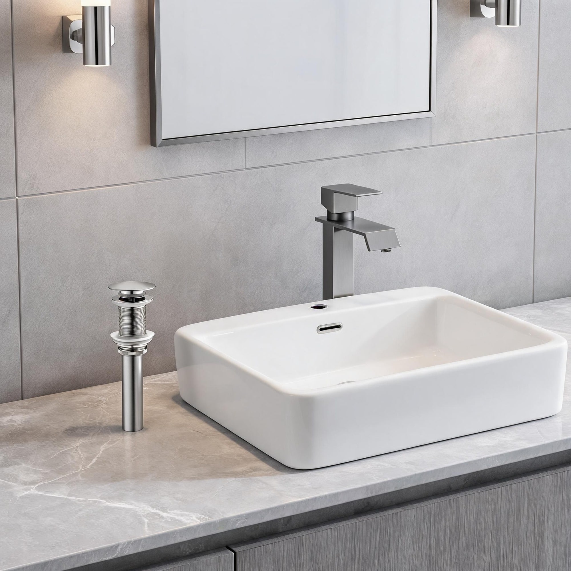 IAK - Brushed Nickel Stainless Steel Waterfall Spout Bathroom Sink Single Handle Faucet with Pop-...