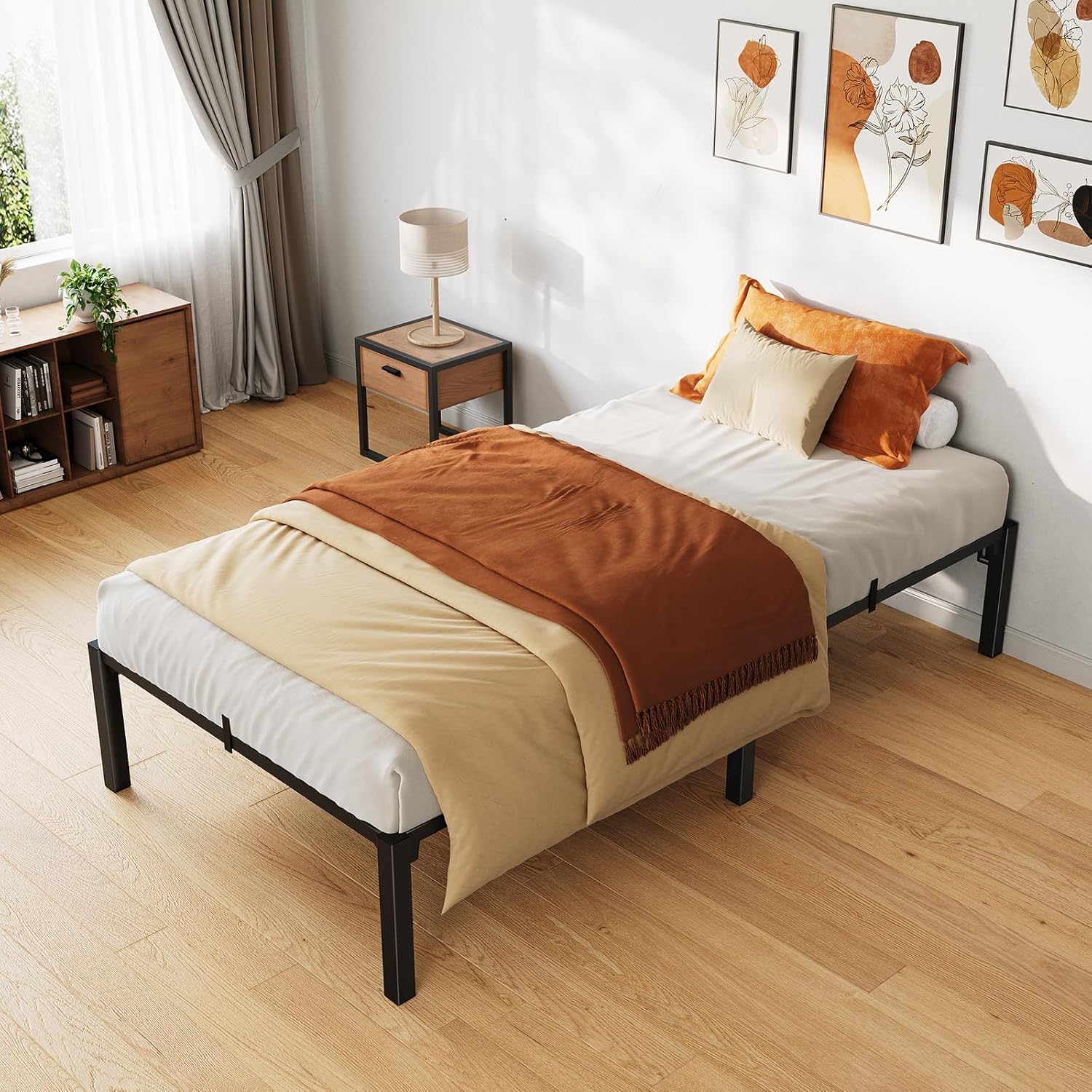 Qeetex LHF-BED-PHK-33FNAYBU 14 Inch Twin Bed Frame Heavy Duty Metal Platform Bed Frame with Durable Iron Slat Support and Legs No Box Spring Required No Screws Needed Support Up to 800 Lbs