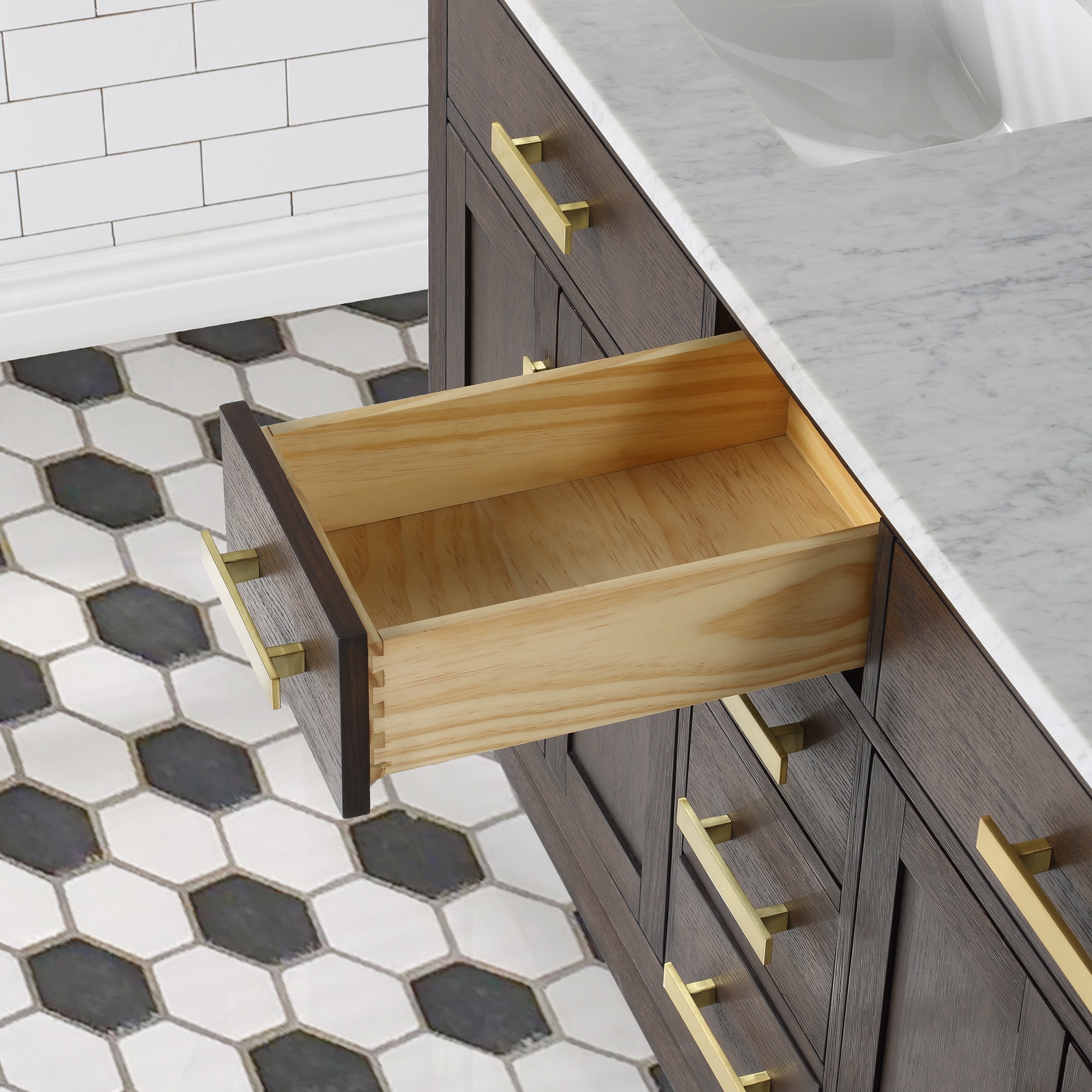 Chestnut 60" Brown Oak Double Bathroom Vanity with Gold Accents