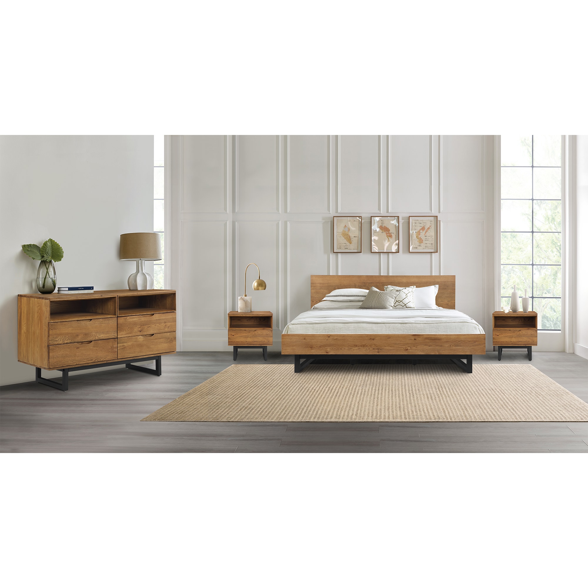 Brown Oak Wood Nightstand with Black Metal Base and Drawer