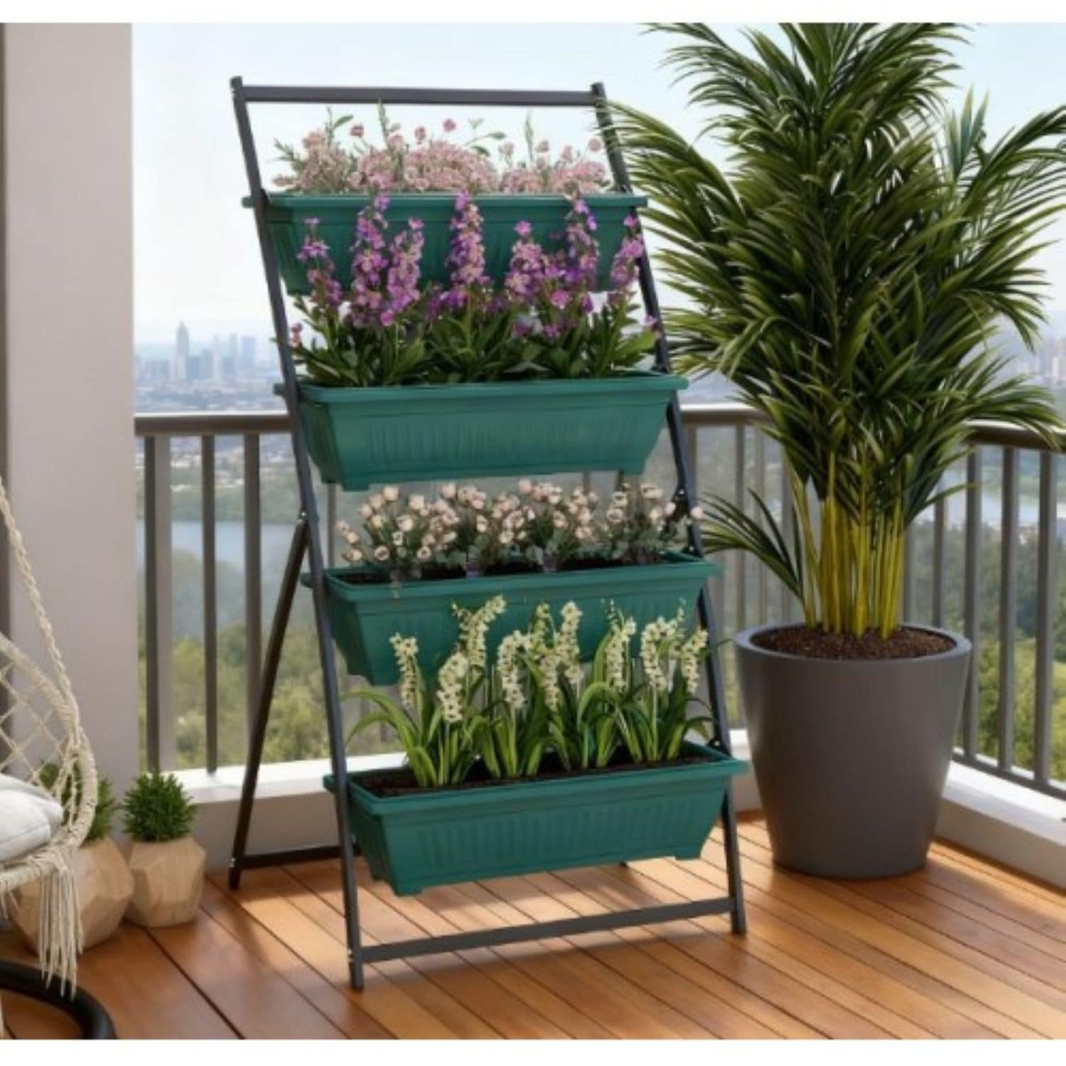 GDFStudio Indoor Outdoor 4-Tier Vertical Metal Plant Stand Grow Container with 4 Self-Draining Raised Garden Bed Boxes for Vegetable and Flowers - Black and Green
