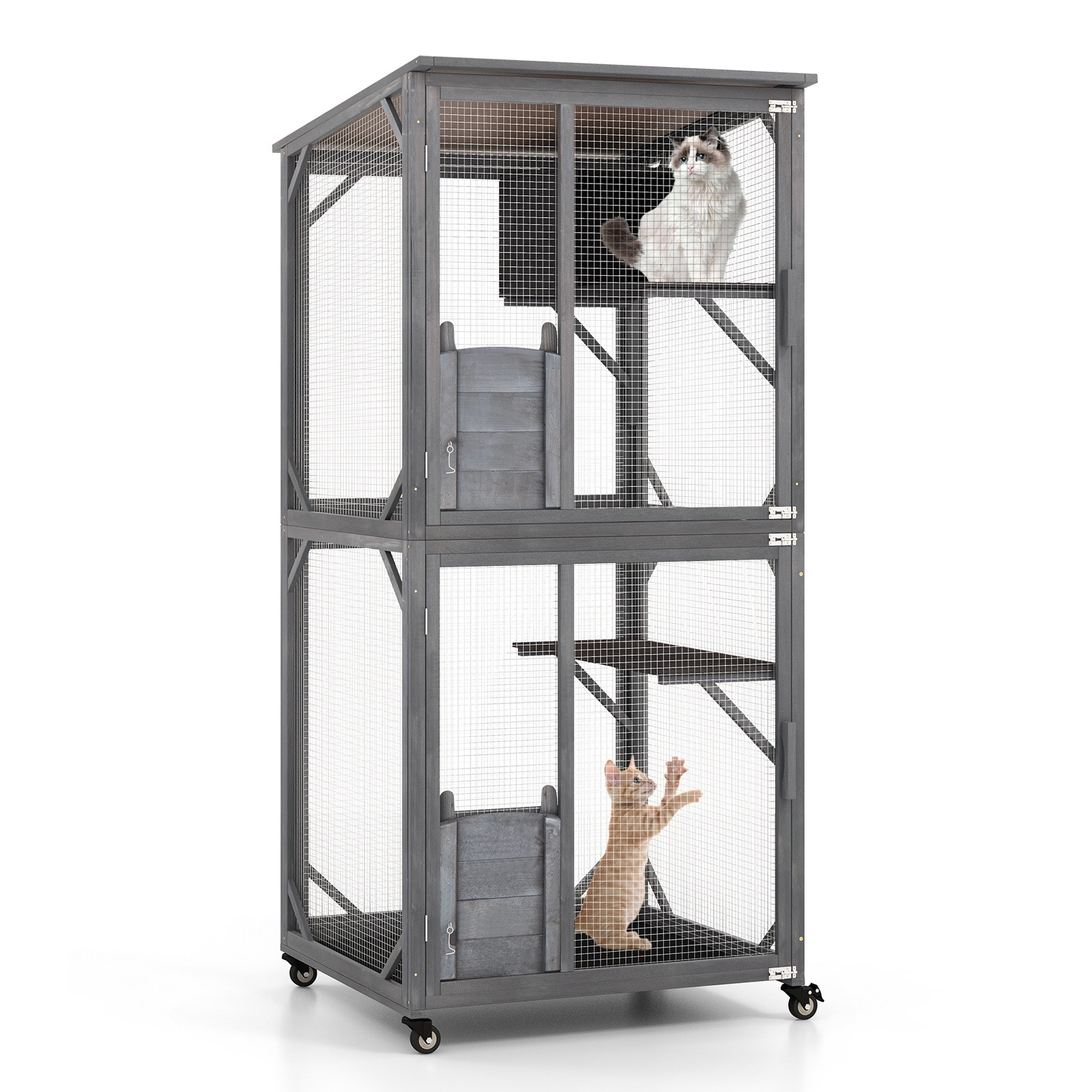Slickblue Multi Level Gray Pet House with Condo Platforms Sliding Doors and Wheels for Patio or Backyard