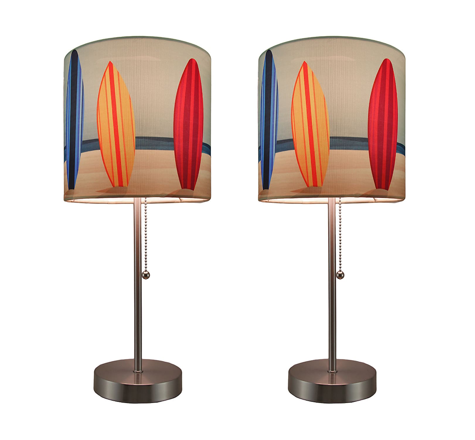 Zeckos ZKO-99043 Set of 2 Stainless Steel Table Lamps with Vibrant Surfboard Shades for Beachy Coastal Bedroom Decor - 18.5 Inches High - Brighten Your Beach Themed Rooms