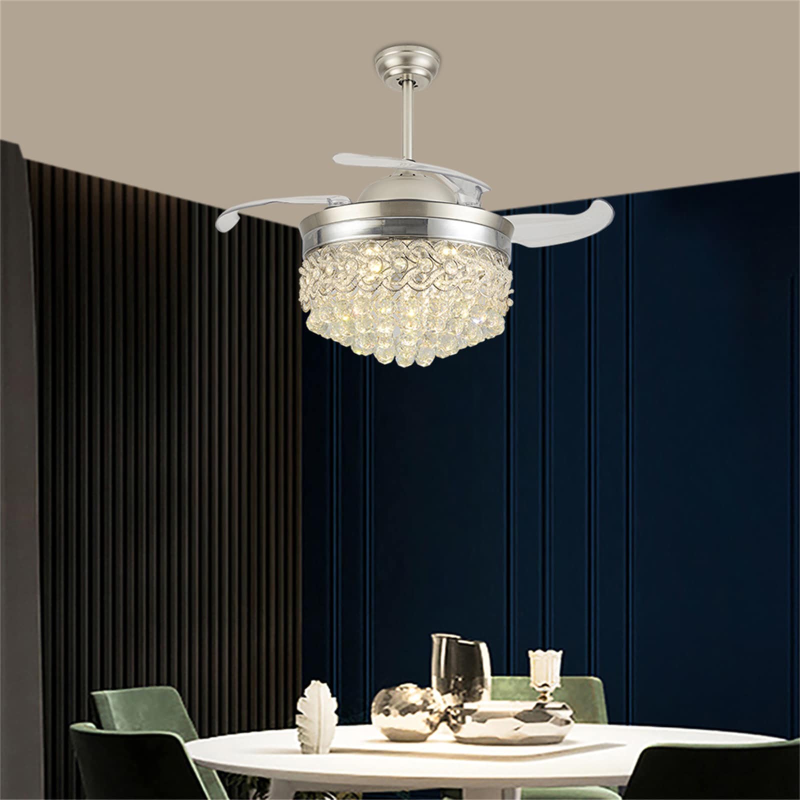 Oukaning HG-HSYXF-2219-1 42-in Color-Changing Integrated LED Chrome 3-Speed with ABS Blades Chandelier Ceiling Fan With Light - Remote Included ( 4 -Blade )