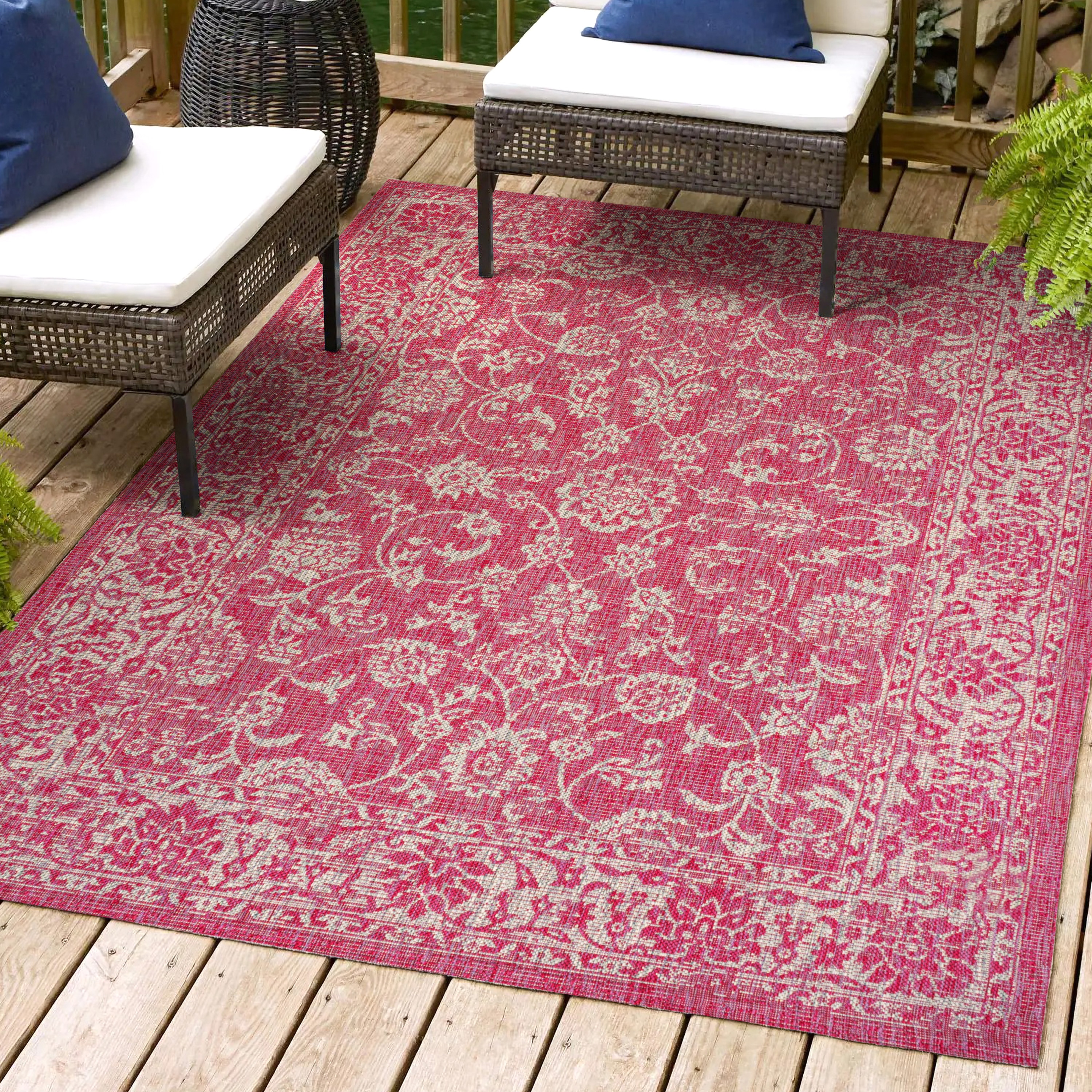 JONATHAN  Y SMB100G-9 Santa Monica Tela Textured Weave Floral 9 x 12 (ft) Loomed Polypropylene Fuchsia/Light Gray Rectangular Indoor/Outdoor Border Coastal Area rug