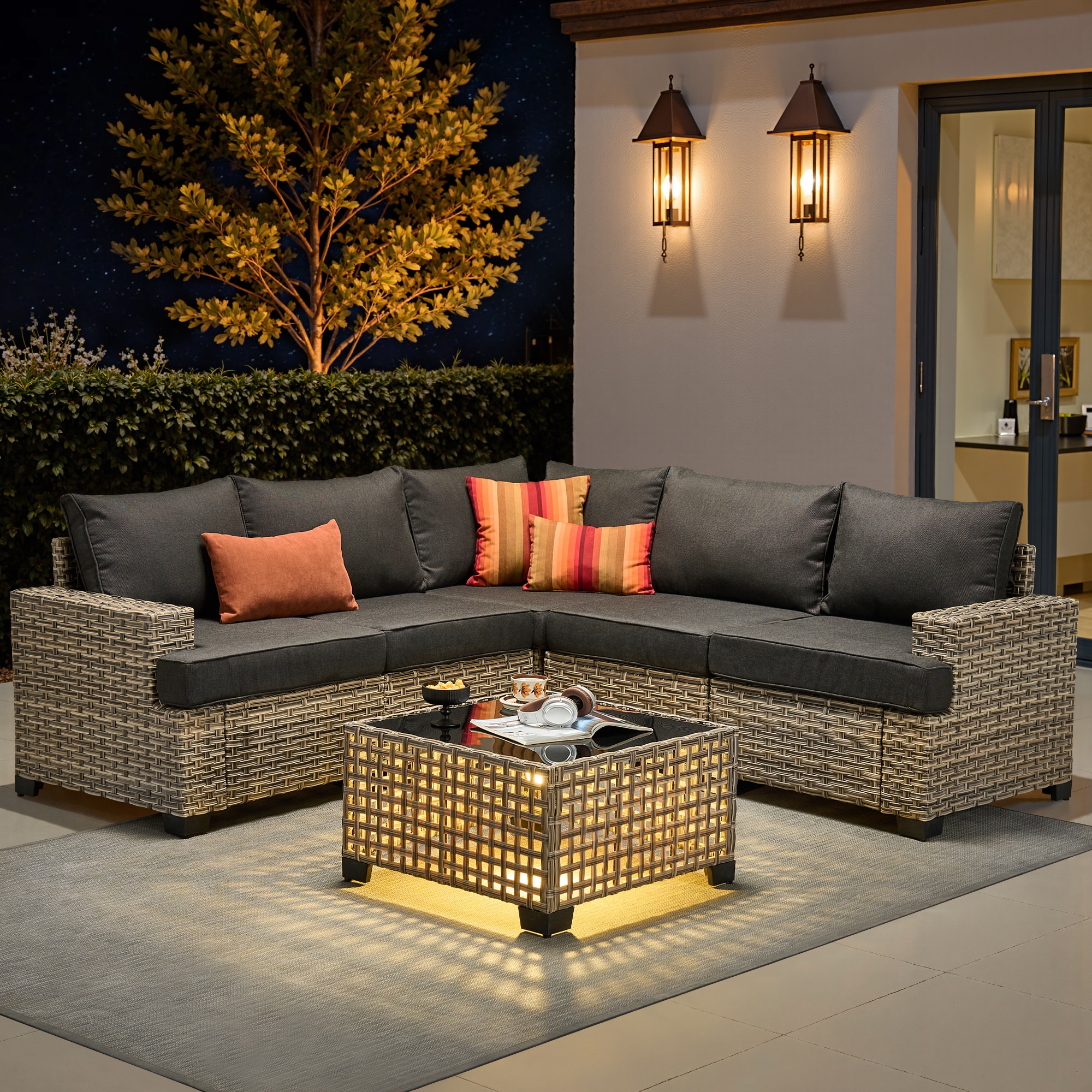 Pouuin STBS100-6 Wicker Outdoor Sectional with Black Cushions and Wicker Frame
