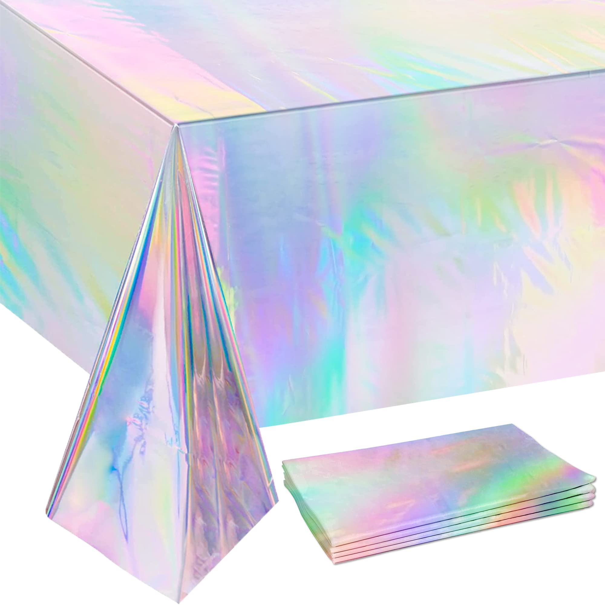 Etokfoks  iridescent plastic rectangle tablecloths 4 pack waterproof disposable 54 x 108 inch holographic party table covers for birthday