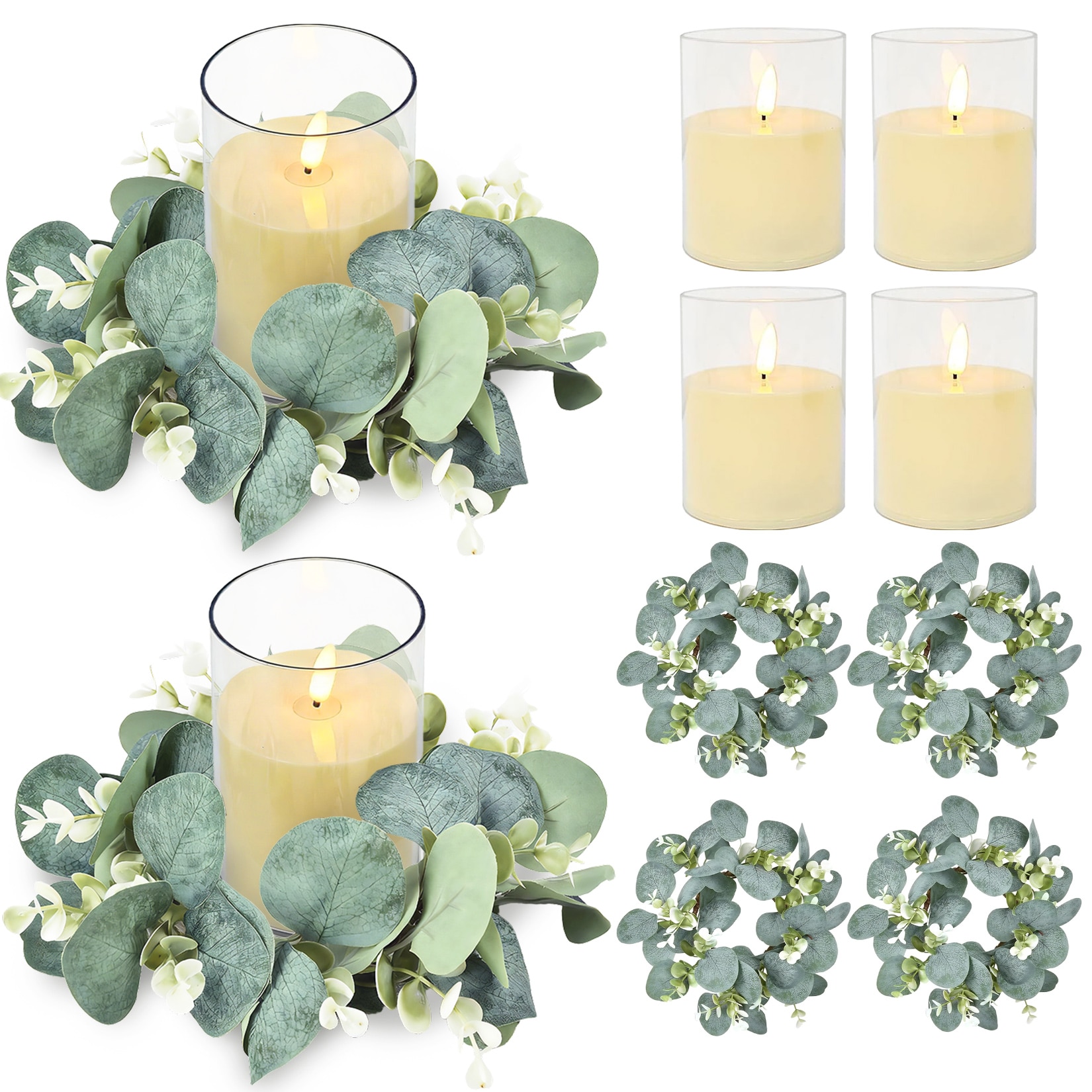 Garvee - 6 Sets LED Candle Rings with Artificial Eucalyptus Wreaths 4-Inch Center Pillar Candle H...