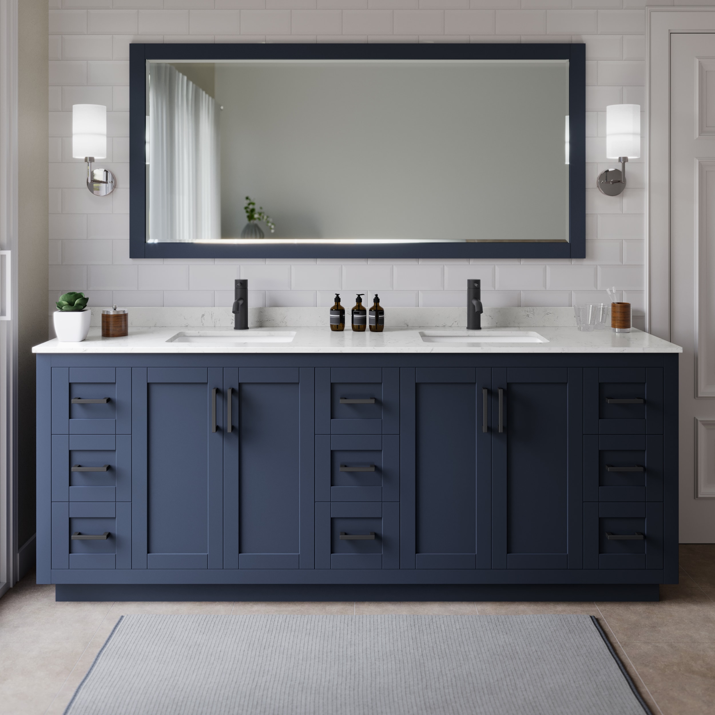 Wyndham Collection WCF292984DBBC2UNSMXX Miranda 84-in Dark Blue with Matte Black Trim Undermount Double sink Bathroom Vanity with Carrara Cultured Marble Cultured marble Top