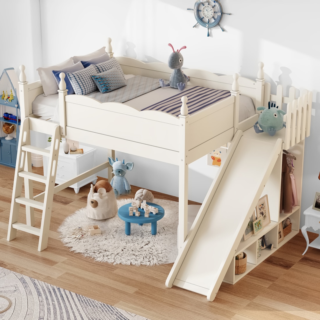 CHITA Full Size Wooden Loft Bed with Ladder Wardrobe Shelves Slide Detachable Beds Beige