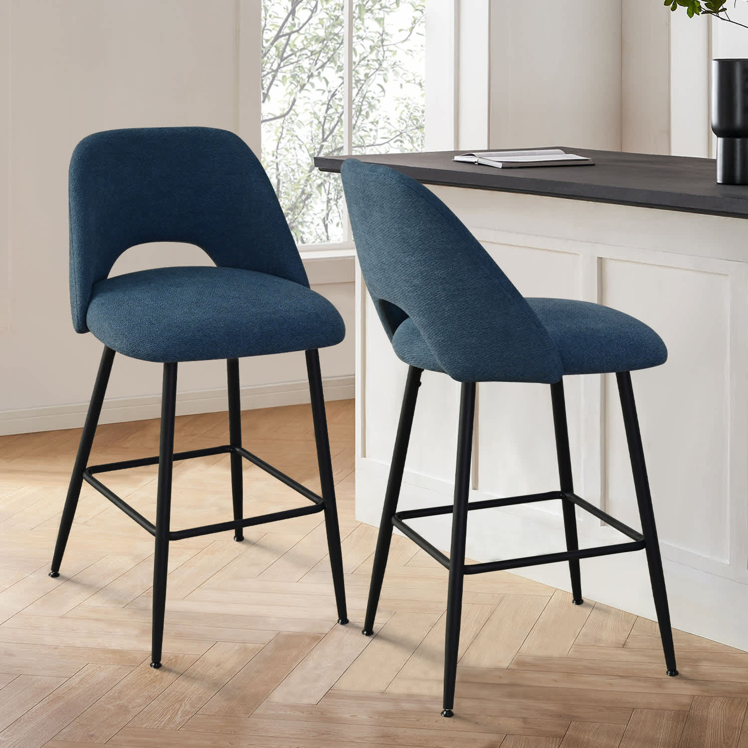 Maison Boucle EDWIN-MIDBAR-BE Set of 2 Blue Upholstered 26.5-in H Counter Height Stools with Black Metal Legs for Kitchen Island