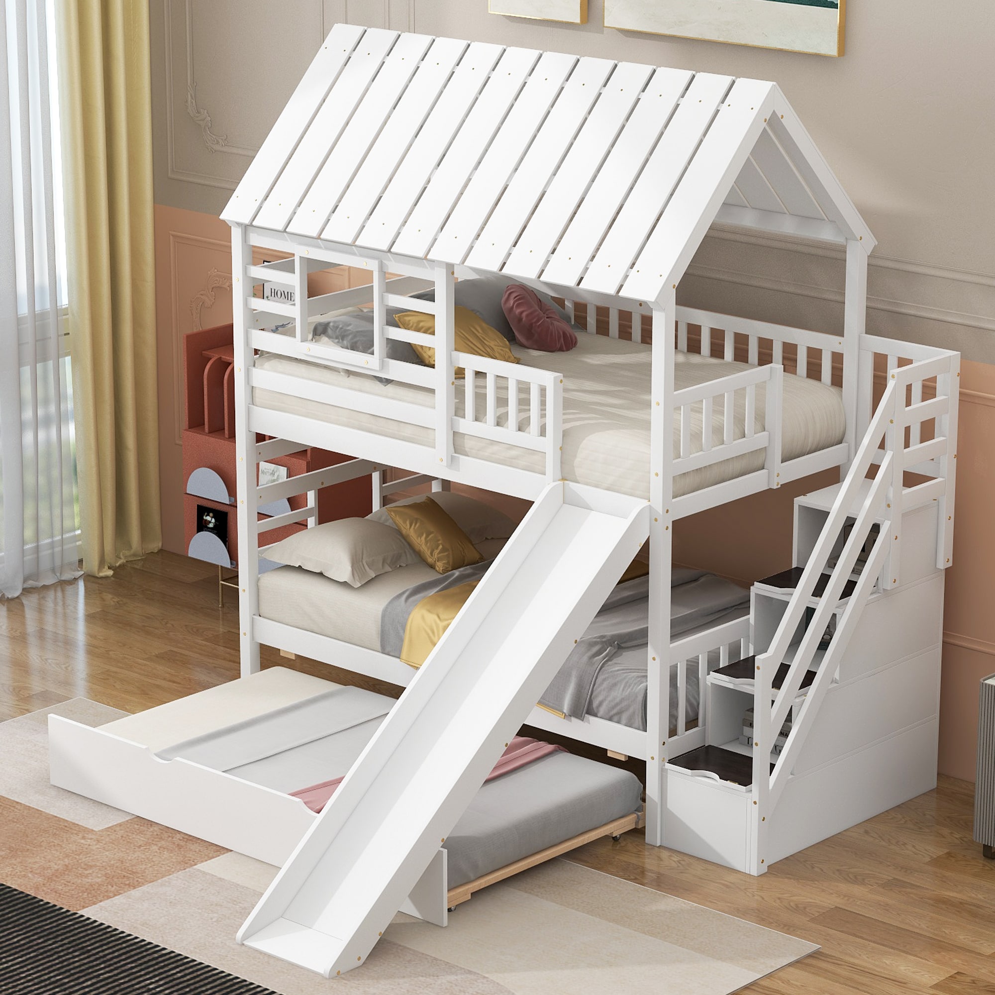 MooxvMoo Twin Over Twin Wooden House Bunk Bed with Pull Out Trundle ...