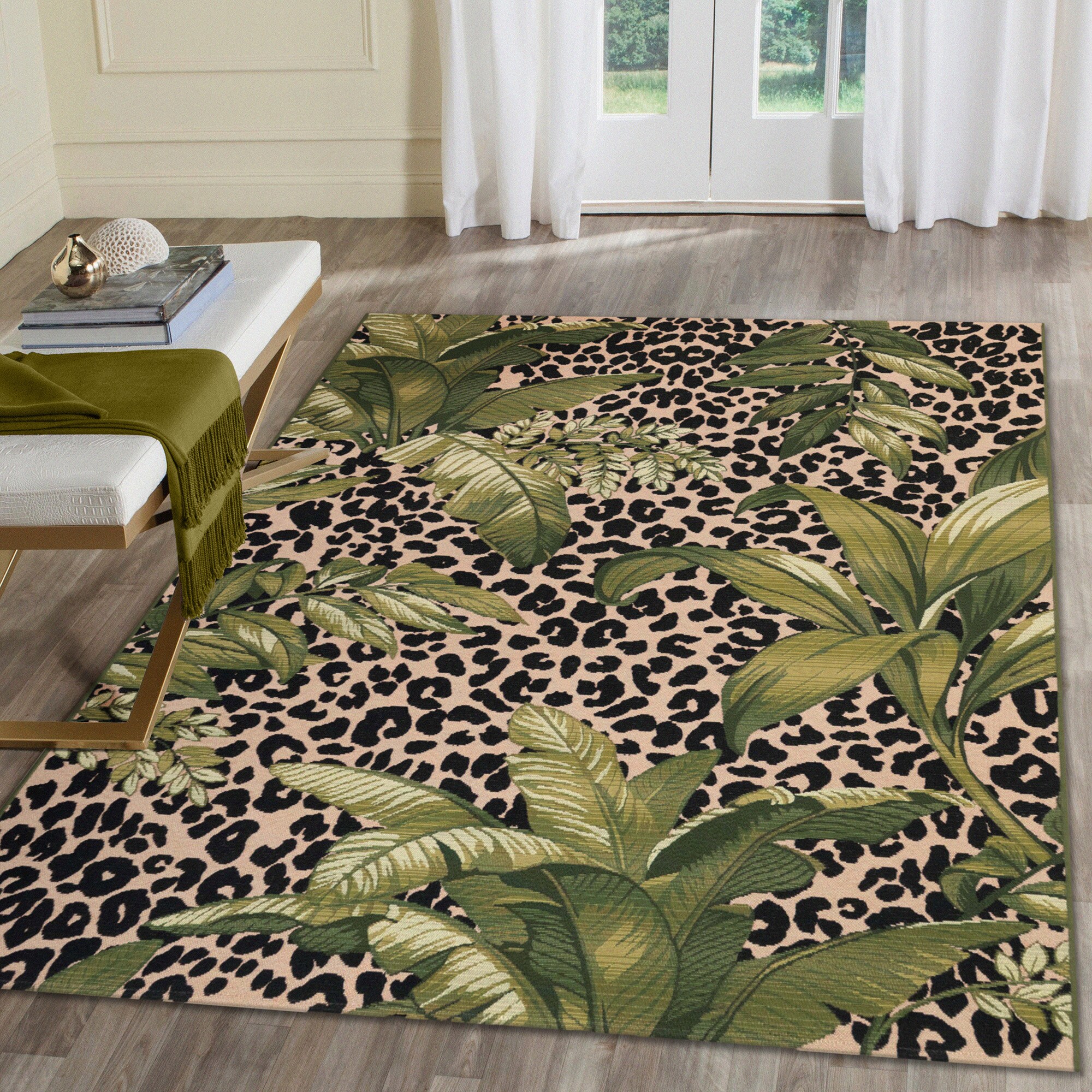 Round Black and Beige Tropical Leopard Print Indoor/Outdoor Rug