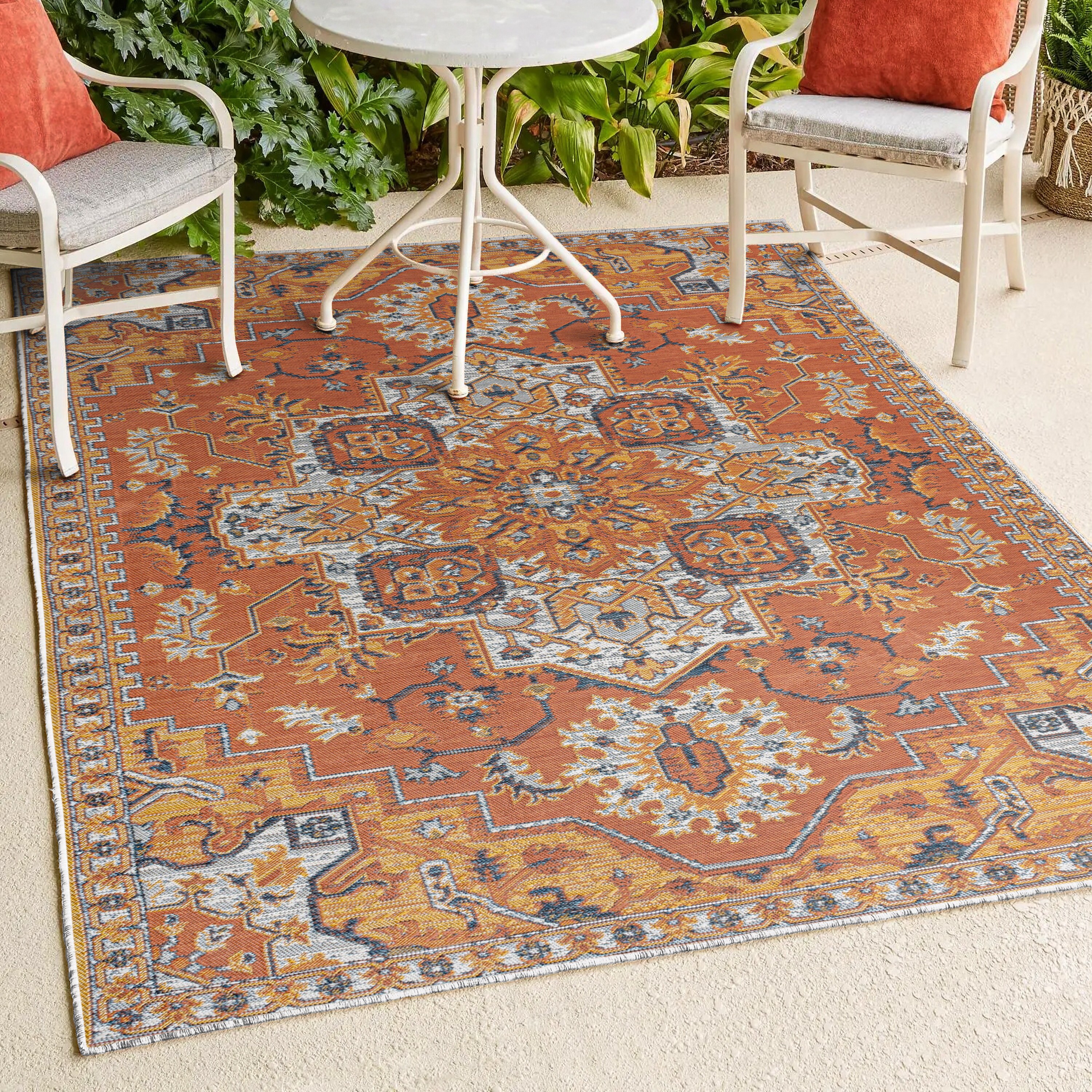 Bijan Terra Blue Cream Medallion Washable Reversible Rug 5x8