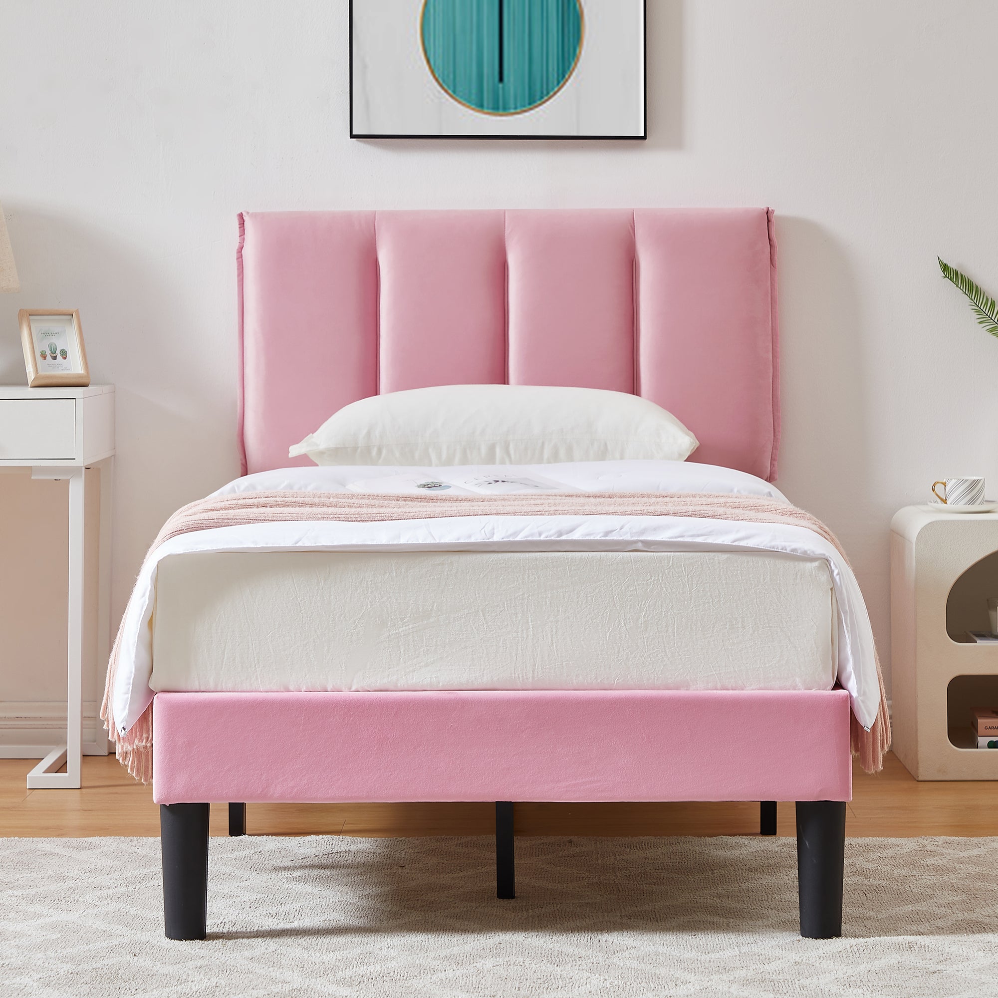 Vecelo LOE-CY-TB04-PNK Twin Bed Frame with Upholstered Adjustable Headboard Heavy Duty Platform Bed Frame with Strong Wooden Slats Support Pink