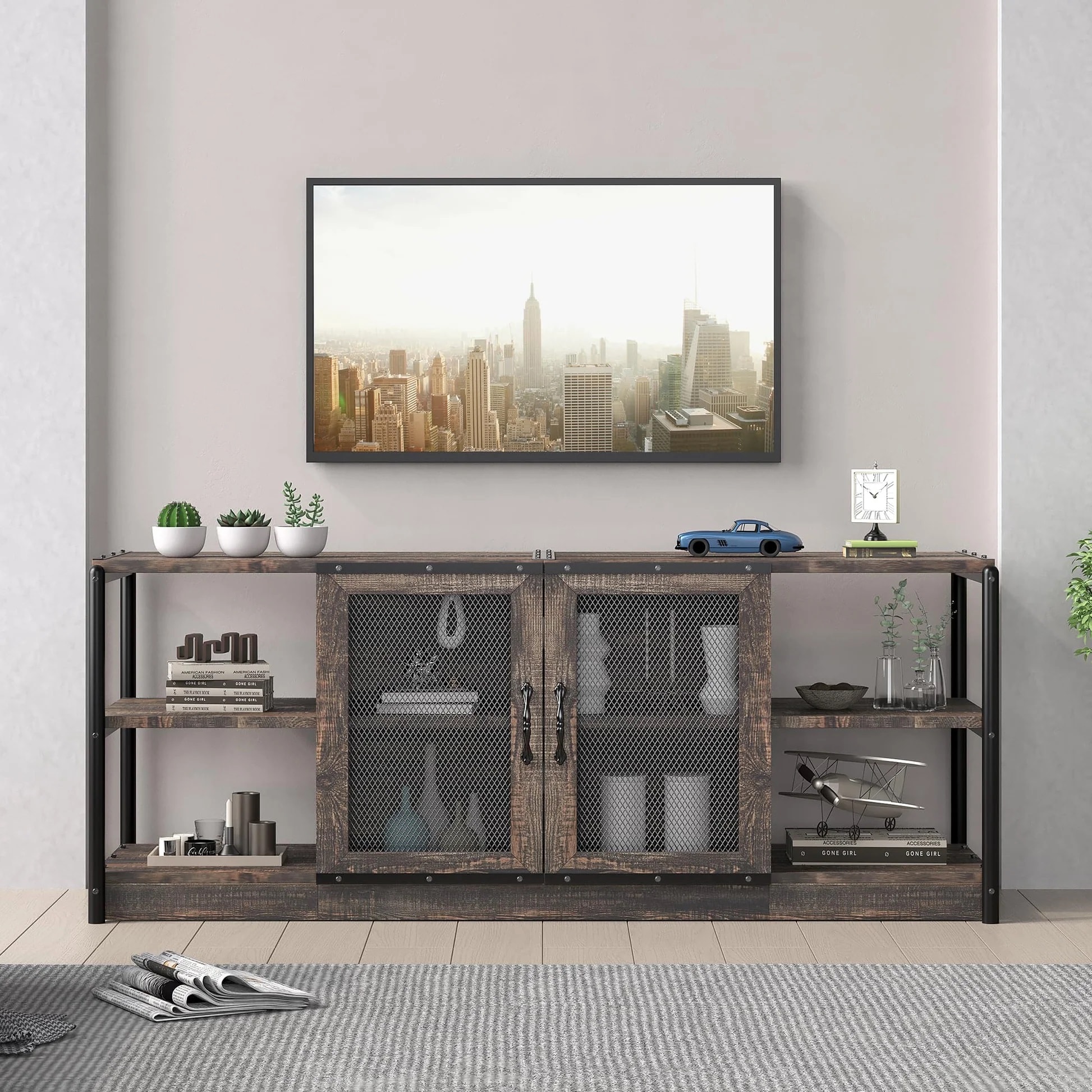 Garvee PHO-0W98U9LR Modern/Contemporary Dark Antique Oak TV stand ( Accommodates TVs more than 70-in )