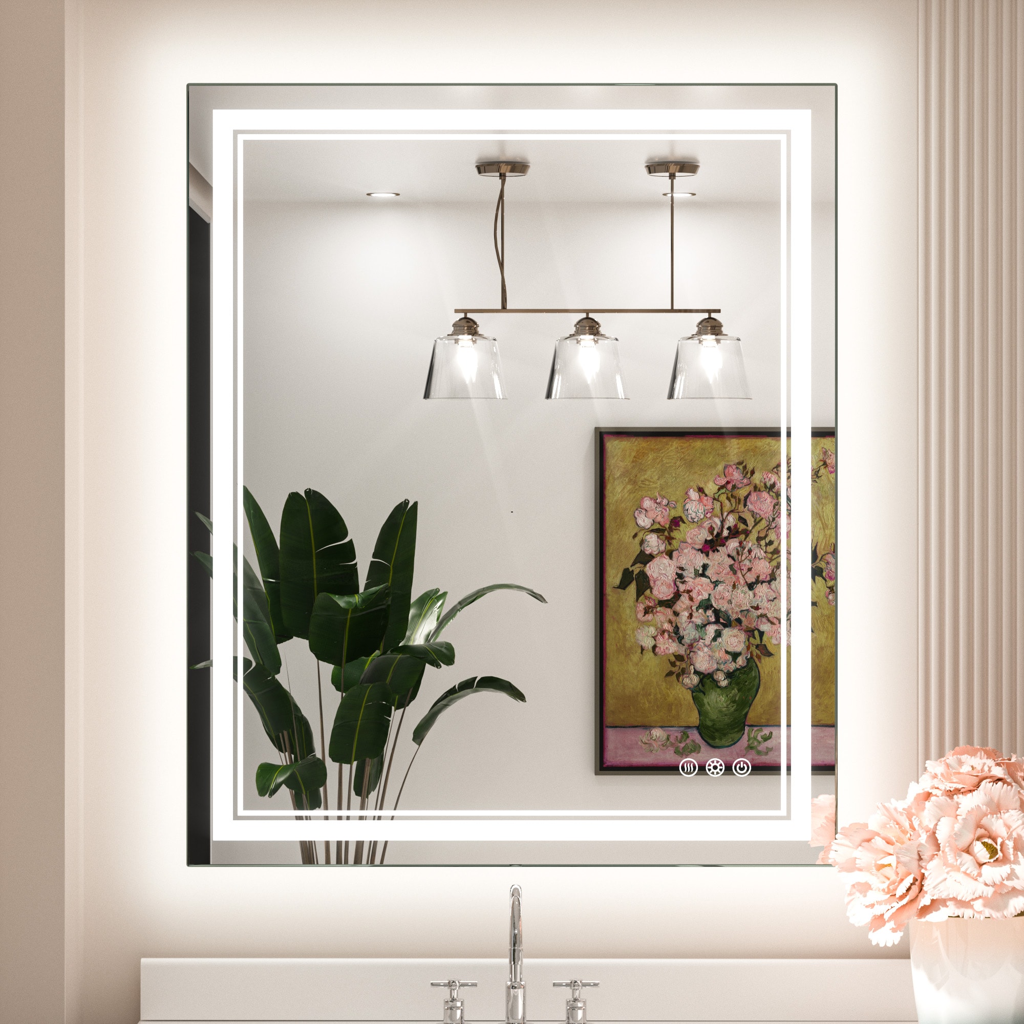 Keonjinn LW-JZ-ZBGSSW-7691 Bathroom Mirrors 30-in x 36-in Polished Frameless Rectangle Dimmable LED Lighted Fog Free Bathroom Vanity Mirror ( Silver )