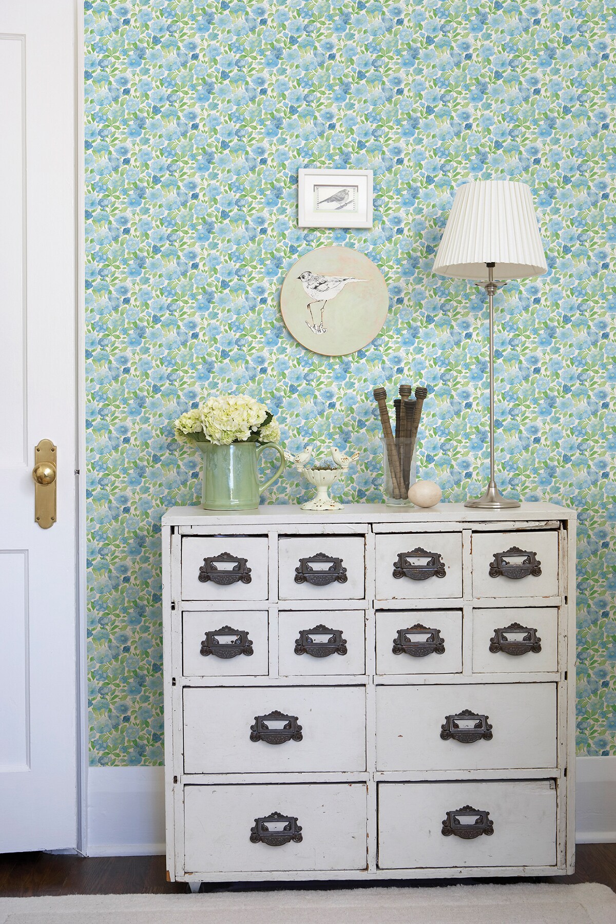 Sky Blue Floral Non-woven Removable Wallpaper Roll