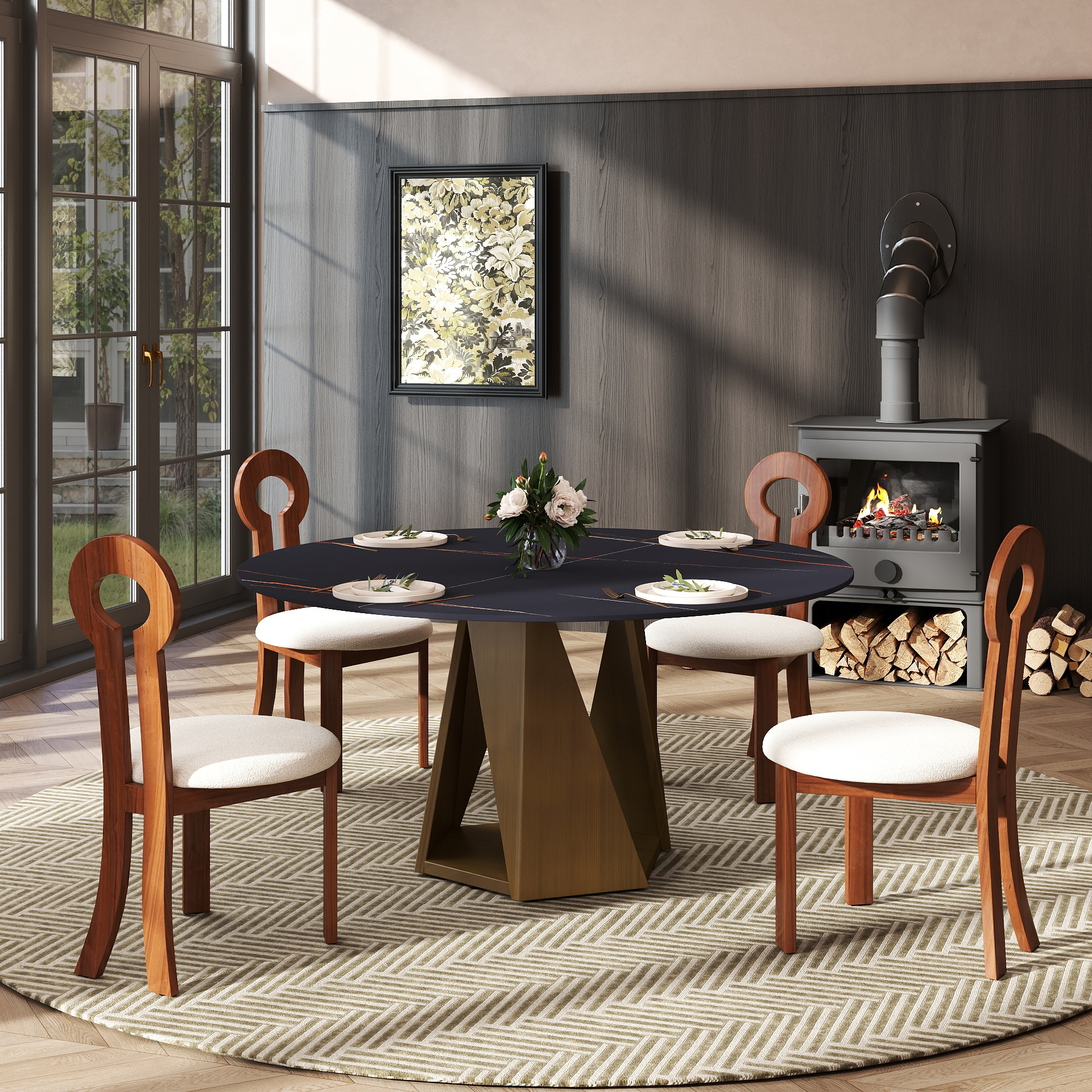 BuotiqHom DH-AT-150B-9C 59 in. Black/Oak Round Farmhouse Dining Table, Ceramic with Primed Metal Pedestal Base 59-in L x 29.5-in H