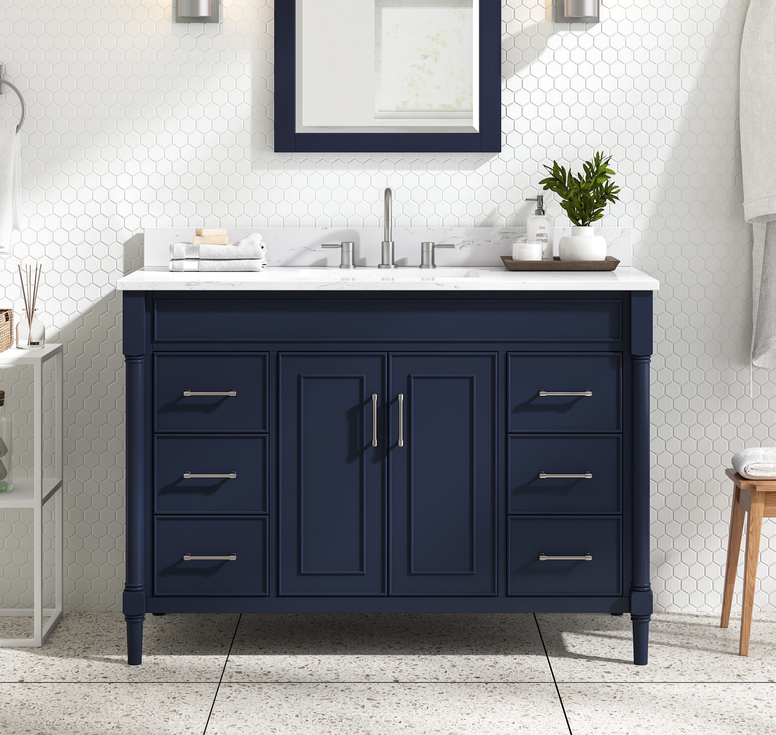 Avanity BRISTOL-VS49-NB-E 49-in Navy Blue Undermount Single sink Bathroom Vanity with Cala white engineered marble Engineered stone Top