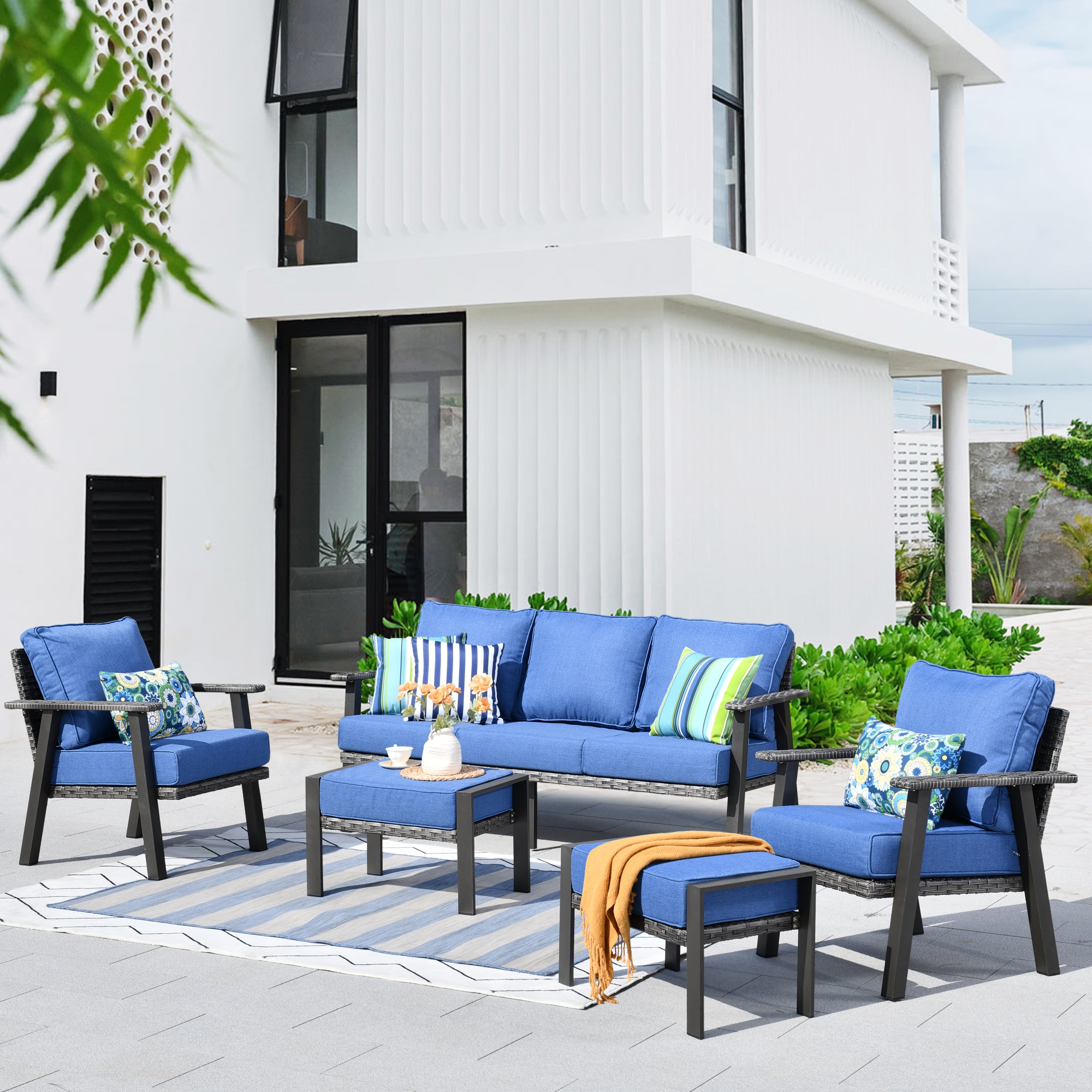 Pouuin SHW50TC05 5 -Piece Rattan Patio Sofa Conversation Set with Blue Cushions