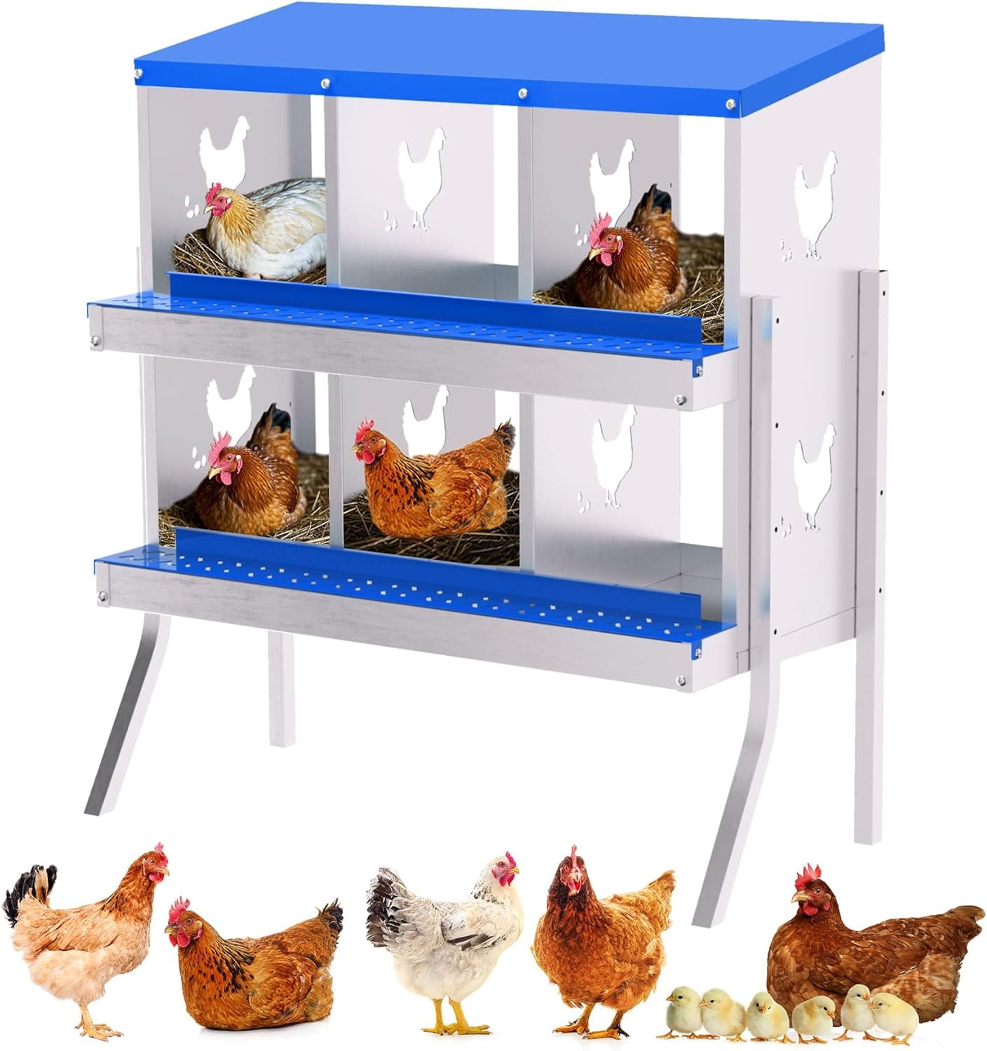 GAOMON 6-Hole Metal Chicken Nesting Box with Bracket Legs Galvanized Hen Laying Box Roll Away Egg Collection Ventilated Coop Nest for Chickens and Ducks Blue