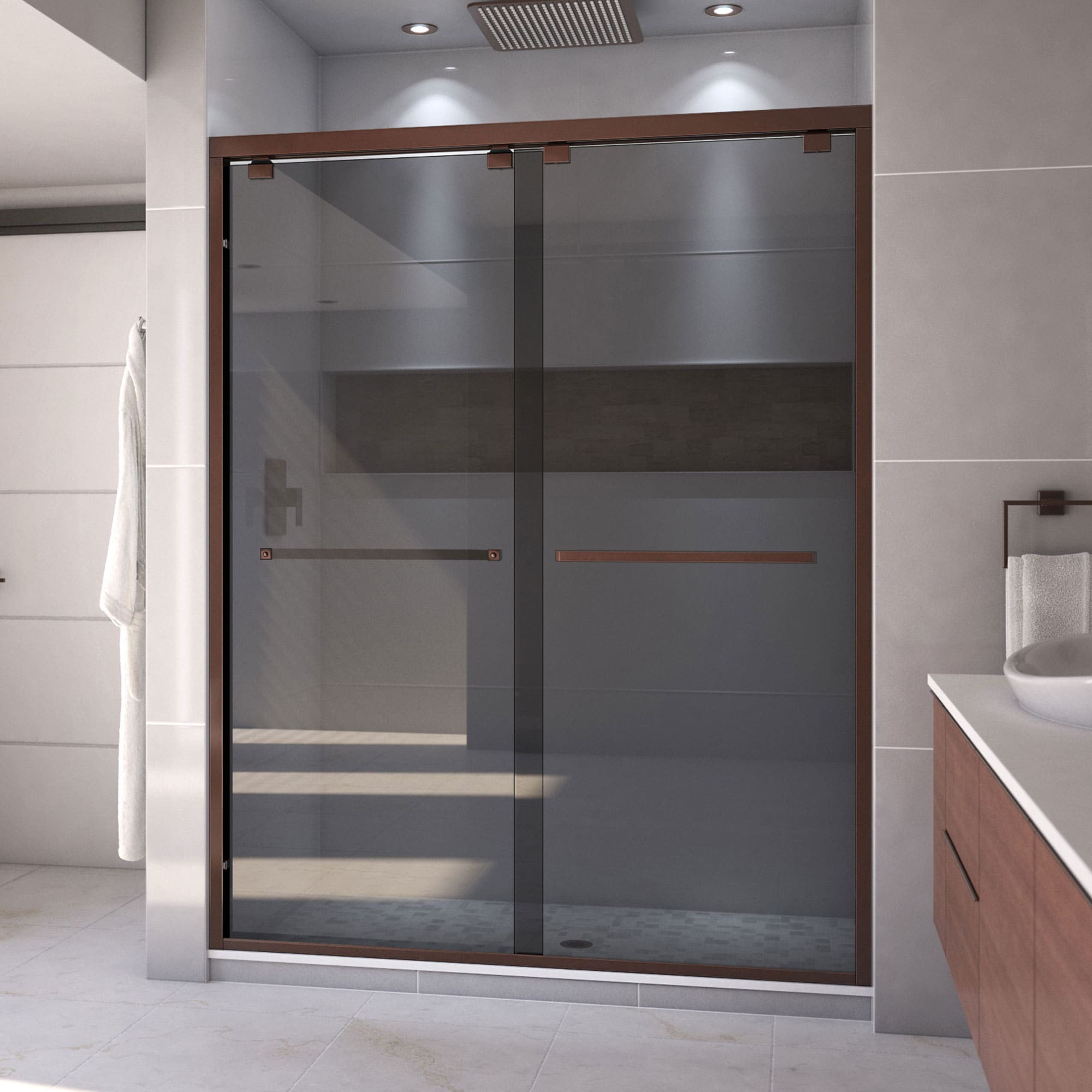 DreamLine SHDR-166076G-06 Encore Oil Rubbed Bronze 56-in to 60-in W x 76-in H Semi-frameless Bypass Sliding Shower door 5/16-in Thick Smoke gray Glass