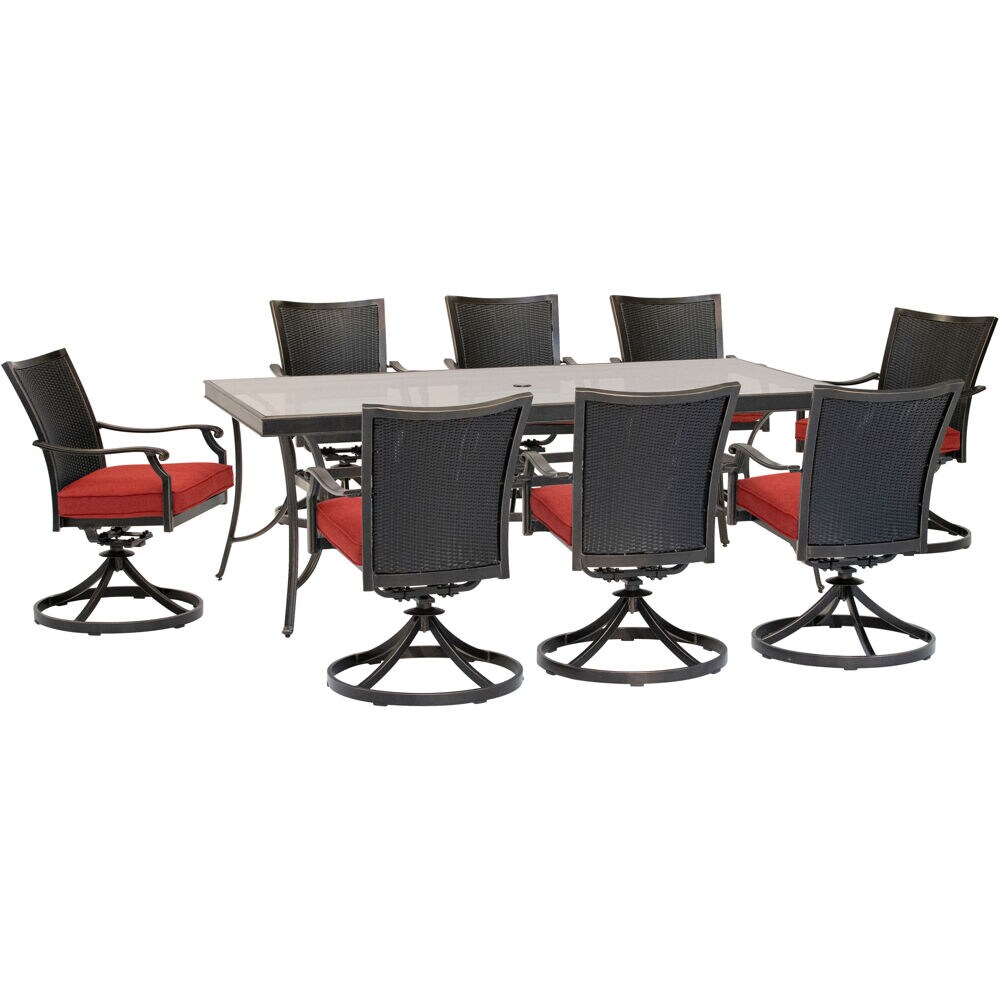 Hanover TRADDNWB9PCSWG-RED Traditions 9-Piece Bronze Patio Dining Set Aluminum Rectangle Table with 8 Red Cushions Swivel Rocker Chairs