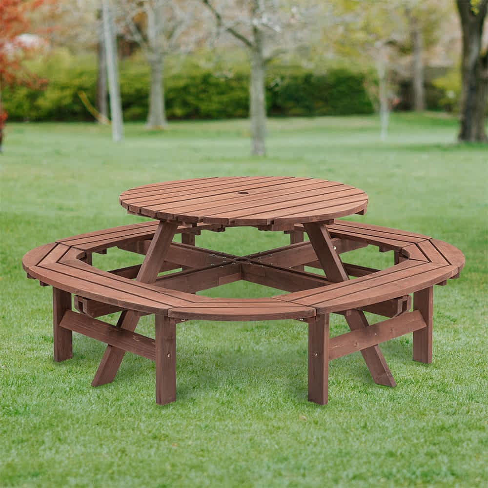 JUJABU OUTTAB-5 Walnut Brown 10-12 person Round Outdoor Wooden Picnic Table for Gardenwith 1 Built-in Ring Stool