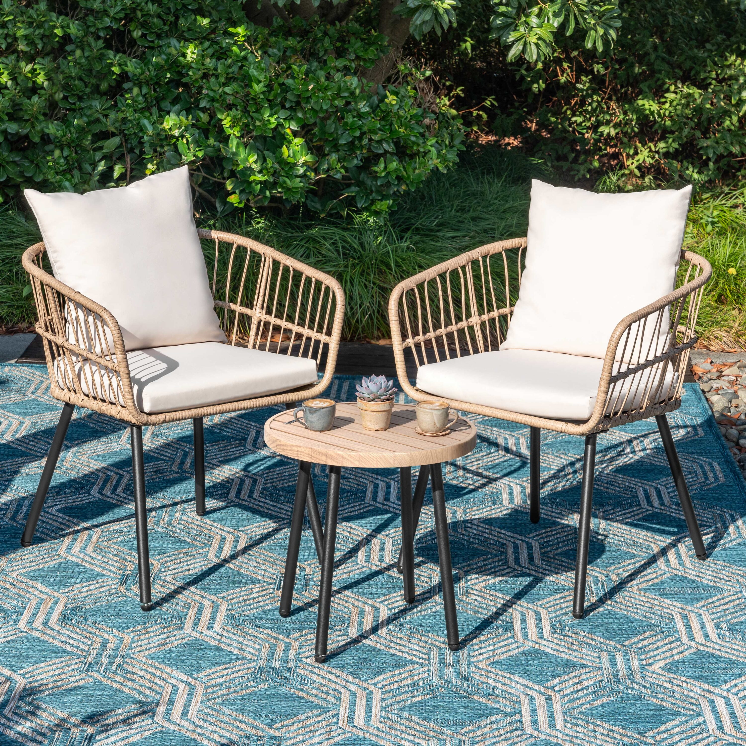 Nuu Garden - 3 -Piece Black Bistro Patio Dining Set Iron Round Table with 2 Beige Cushions Statio...