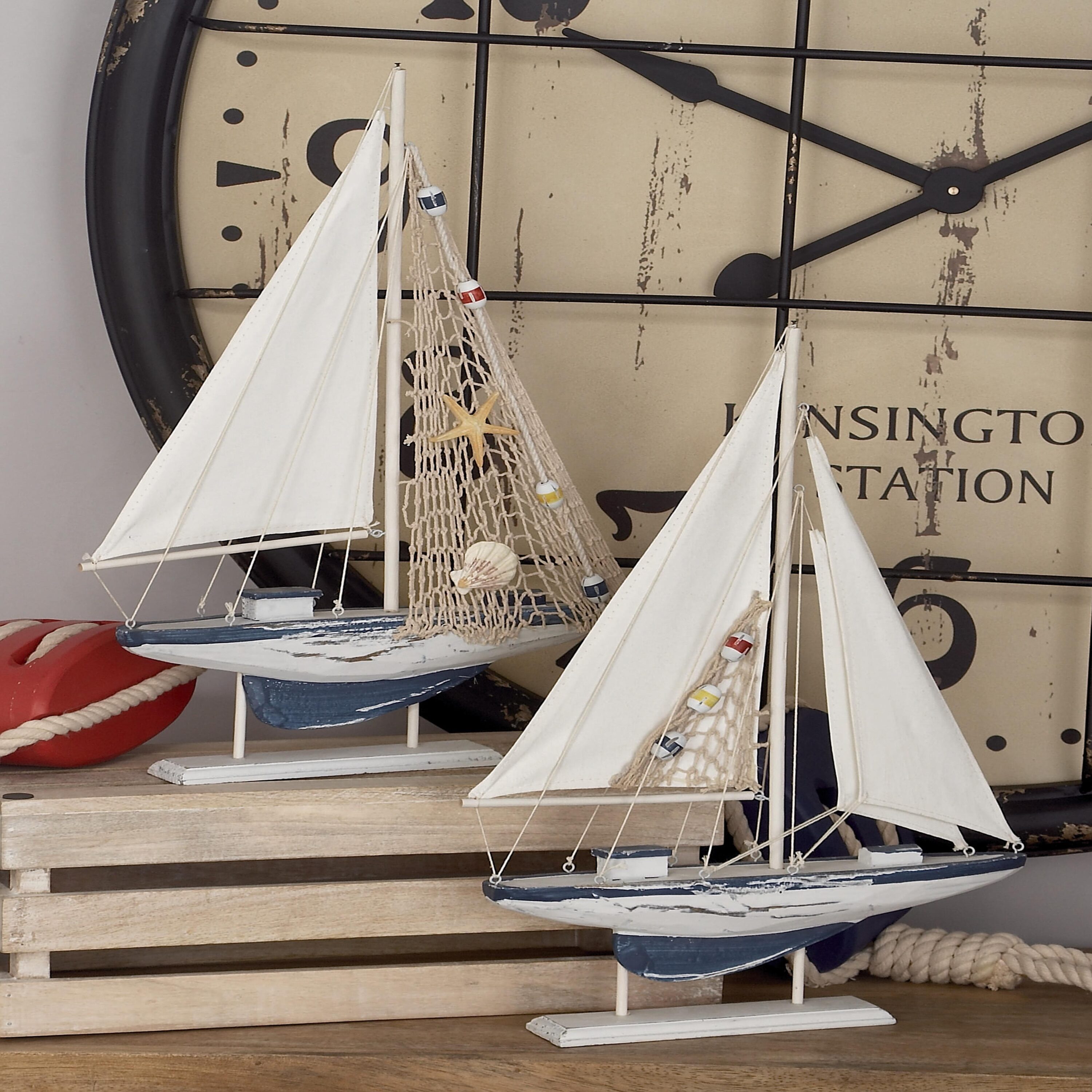 White and Blue Pine Wood Nautical Sail Boat Sculpture Set