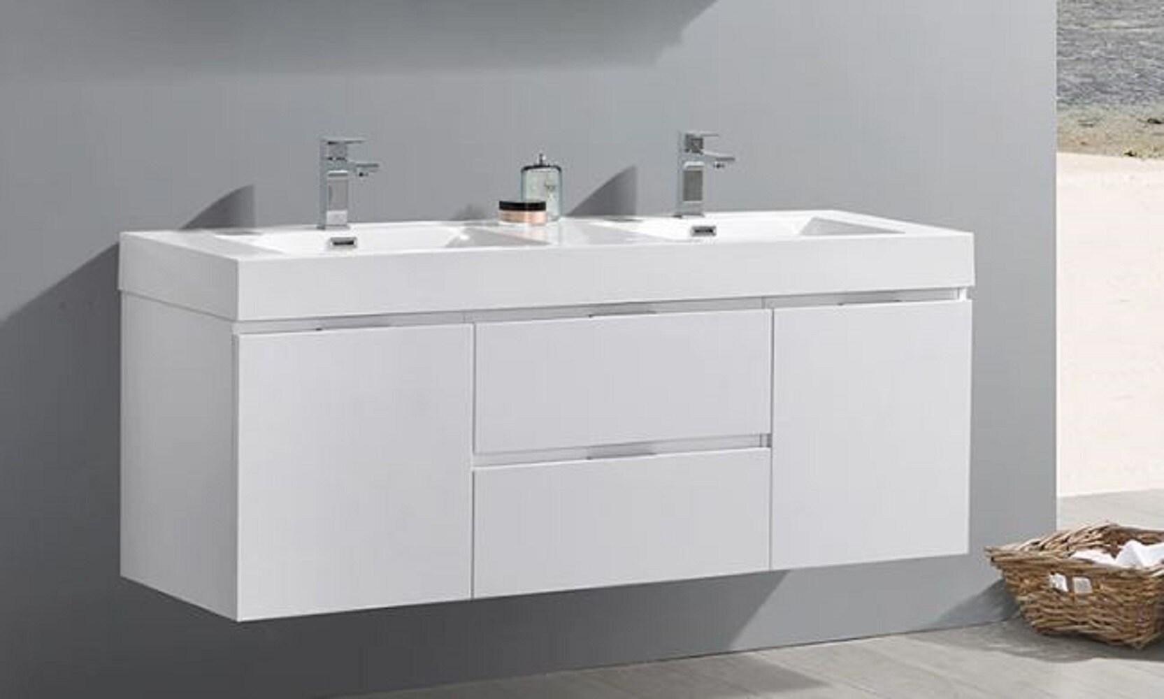 Glossy White 60" Wall-Mounted Double Sink Vanity with Acrylic Top