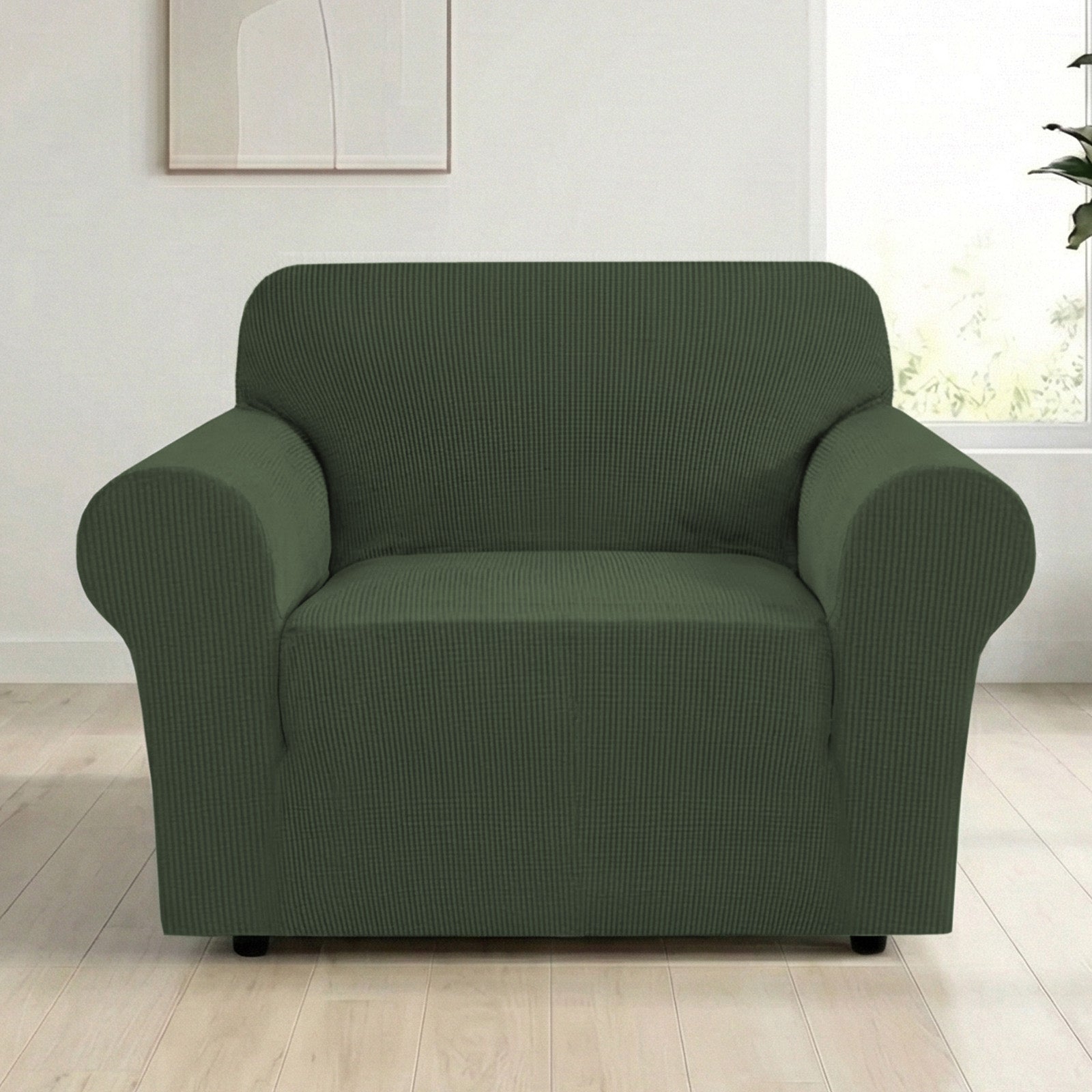 H.Versailtex -  Stretch Jacquard Armchair Slipcover Bronze Green Elastic Hem FormFit