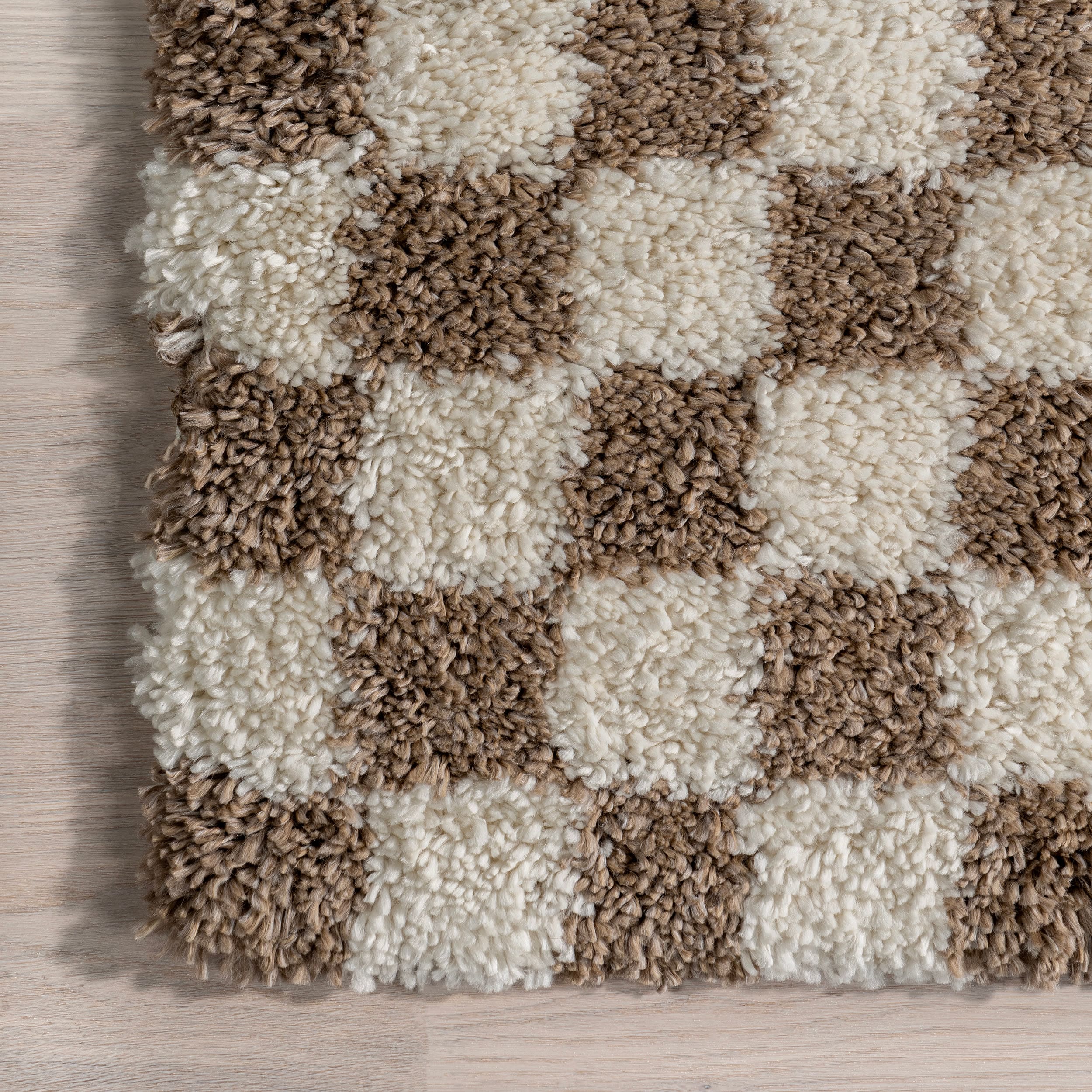 Beige and Brown Checkered Shag Synthetic Area Rug 6' x 9'