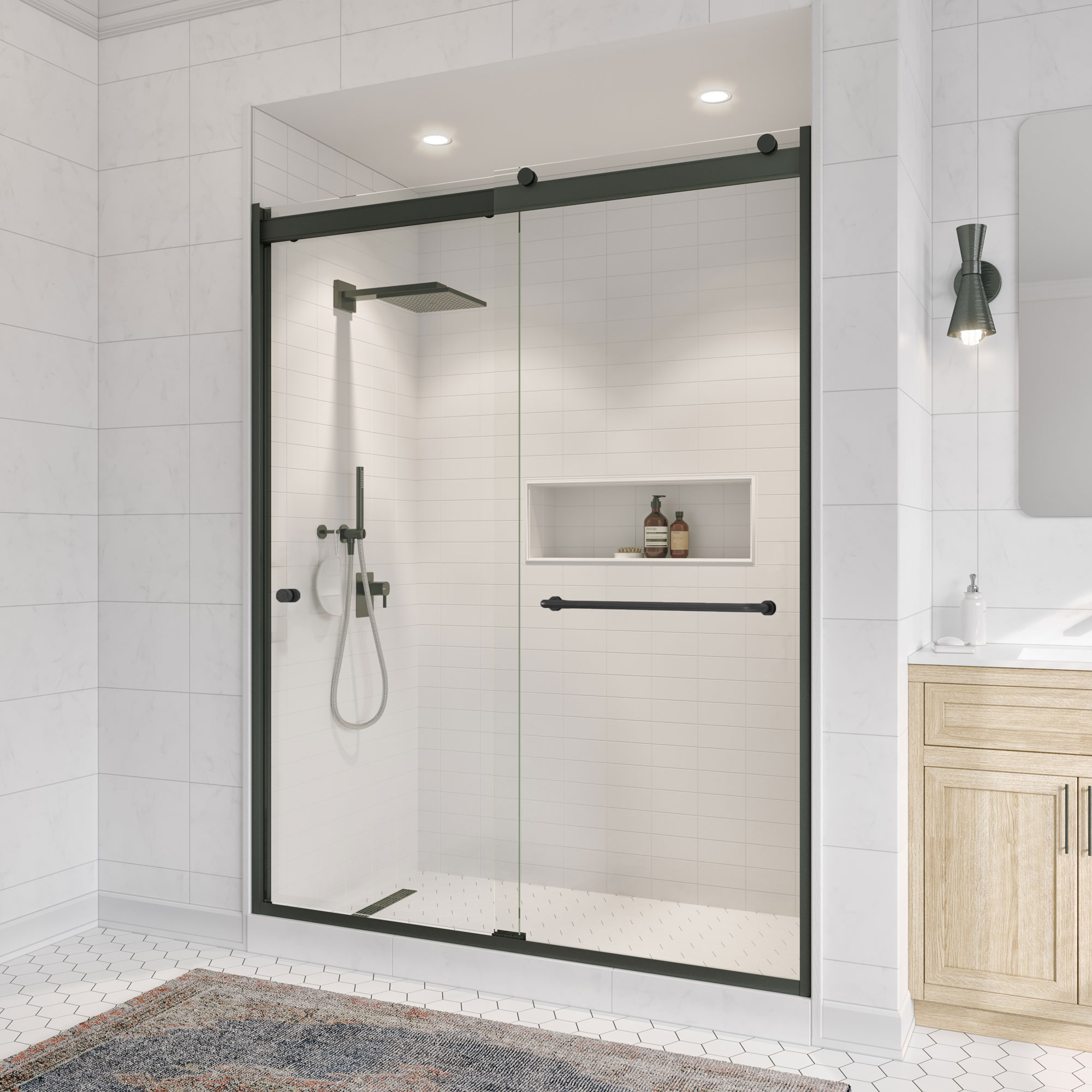 Basco Rotolo Matte Black 56-in to 60-in W x 70-in H Semi-frameless Clear Glass Bypass Bypass Shower door