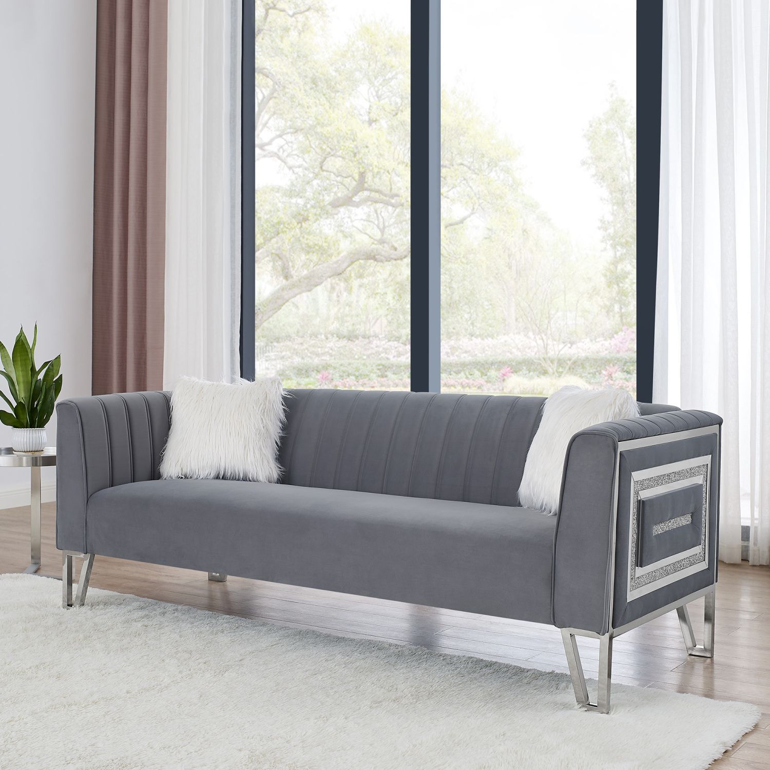 JASMODER W487S00090 3-Seater Sofa With Mirrored Side Trim With Faux Diamonds And Stainless Steel Legs, Two White Villose Pillow, Grey (80”Lx32.75”Wx29.5”H)