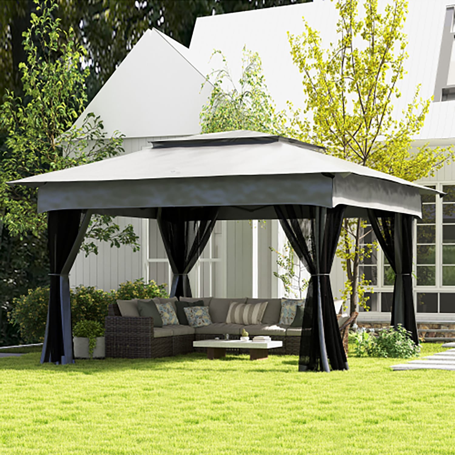 GZMR GM-AB-00730 11-ft x 11-ft LIGHT GREY Pentagon Gazebo with Soft top Roof (Screen Included)