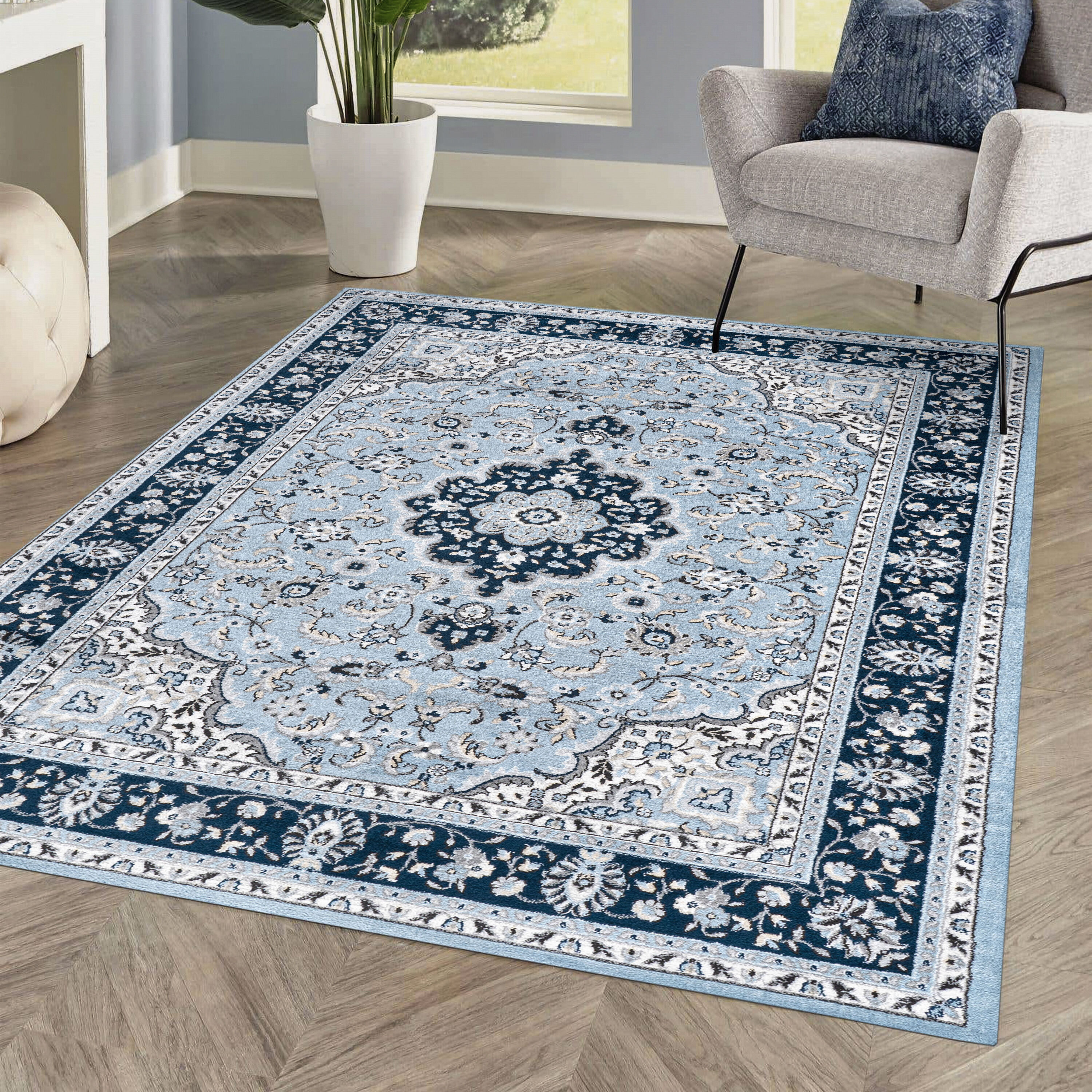 Reversible Blue/Navy Synthetic Rectangular Area Rug