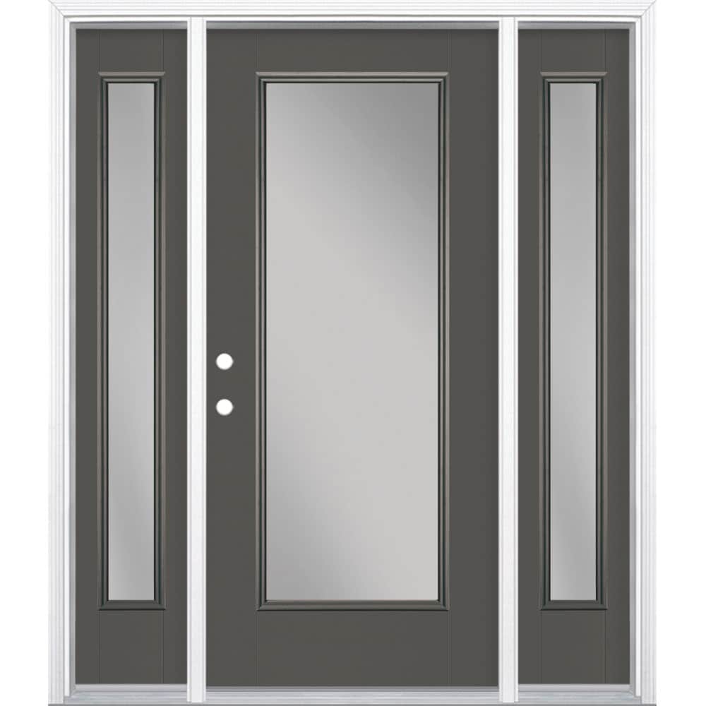 Masonite 1218740 60-in x 80-in x 4-9/16-in Fiberglass Full lite Right-hand inswing Timber Gray Painted Prehung Front Door with Sidelights with Brickmould Insulating core