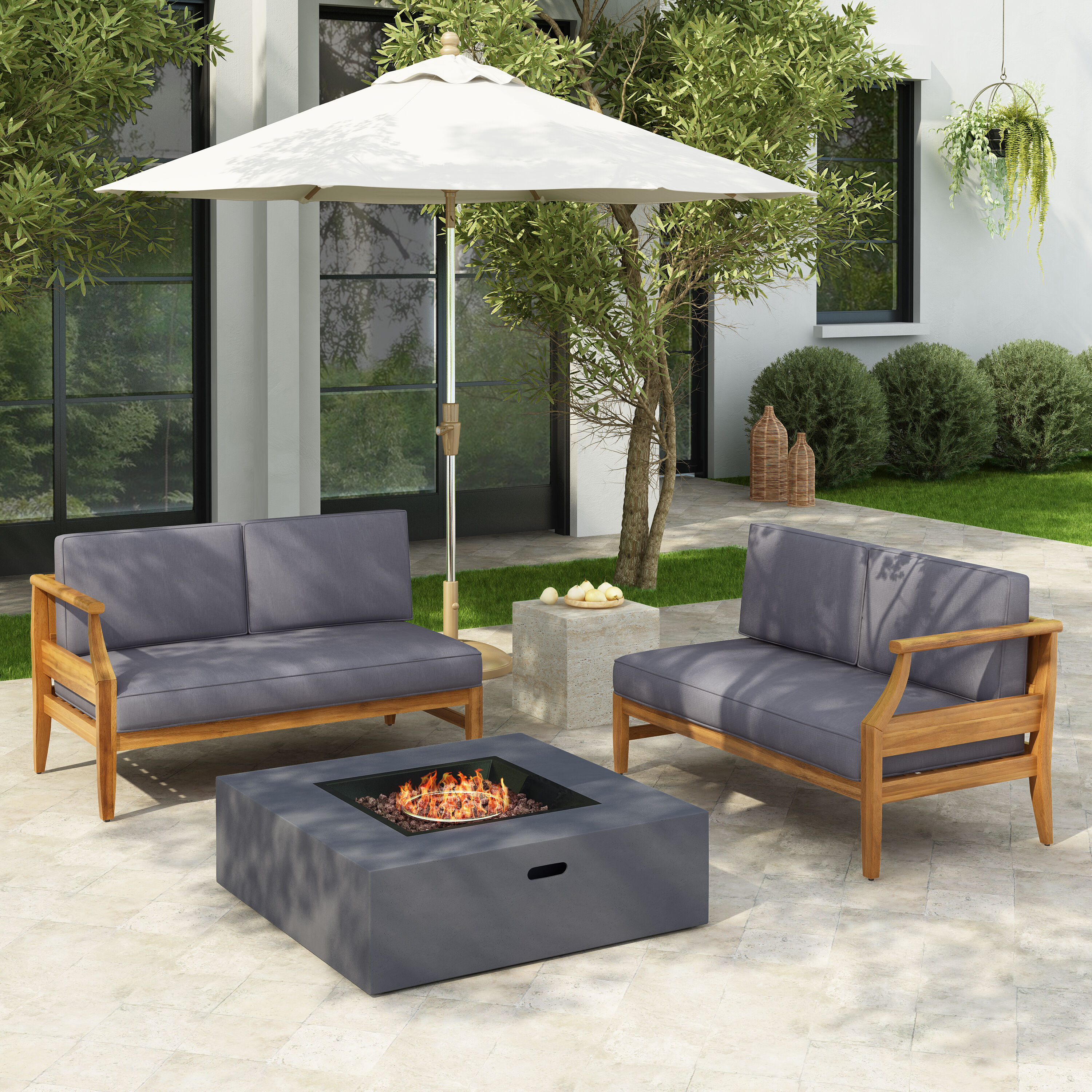 Christopher Knight Home Aston Mid Century Modern Outdoor Acacia Wood 4 Seater Sectional Chat Set with Water Resistant Cushions Teak Finish Dark Grey