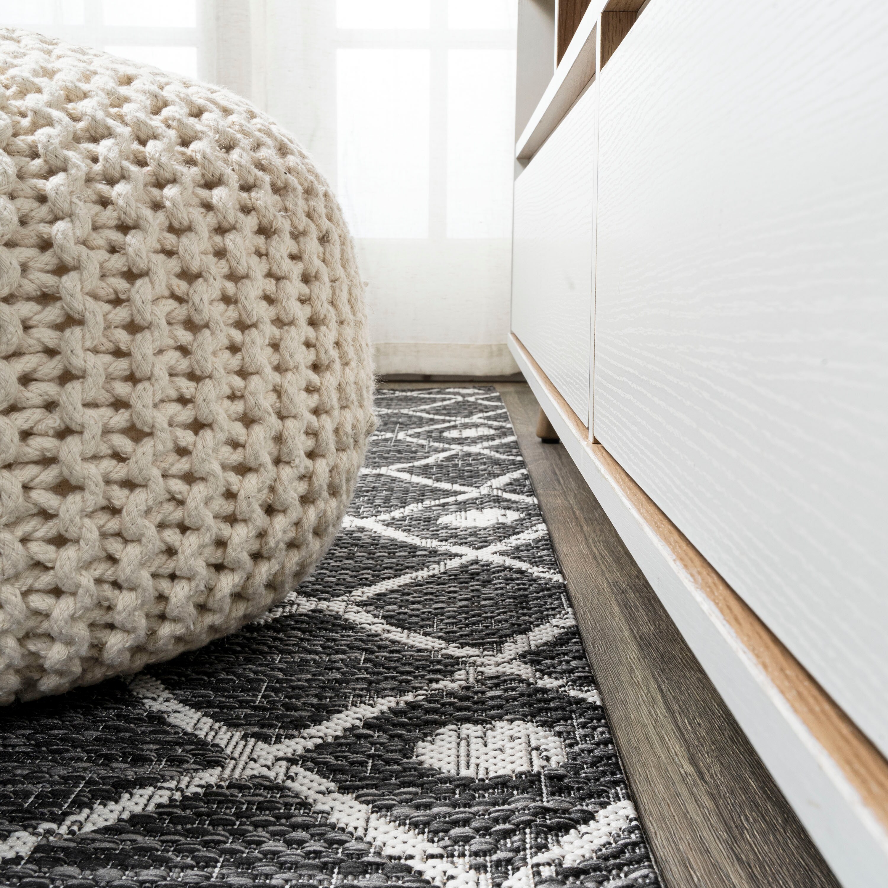 Black and Ivory Geometric Bohemian Indoor/Outdoor Rug