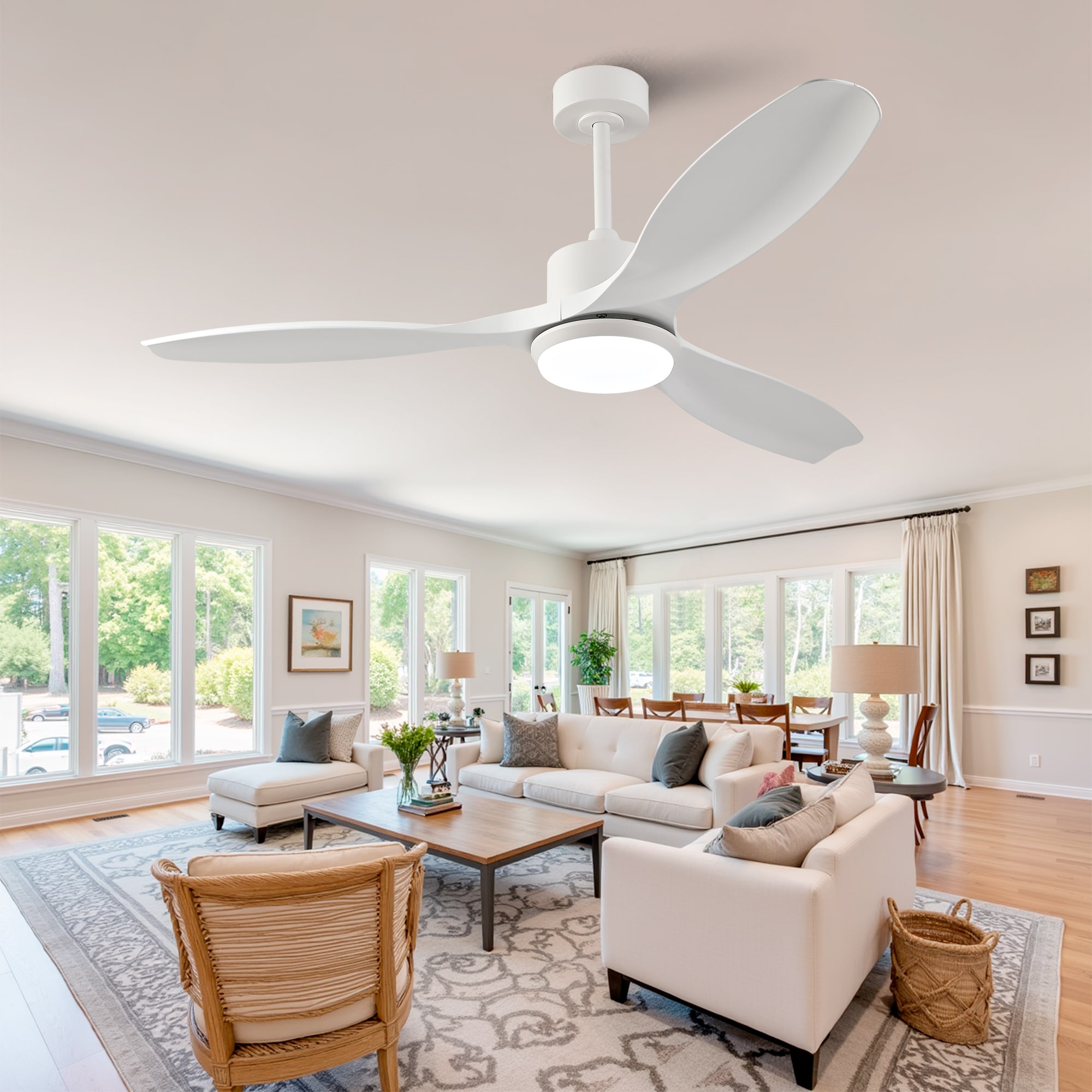 Huluwat 52-inch modern white ceiling fan with light featuring 3 ABS plastic blades remote control operation reversible DC motor and dimmable LED lighting