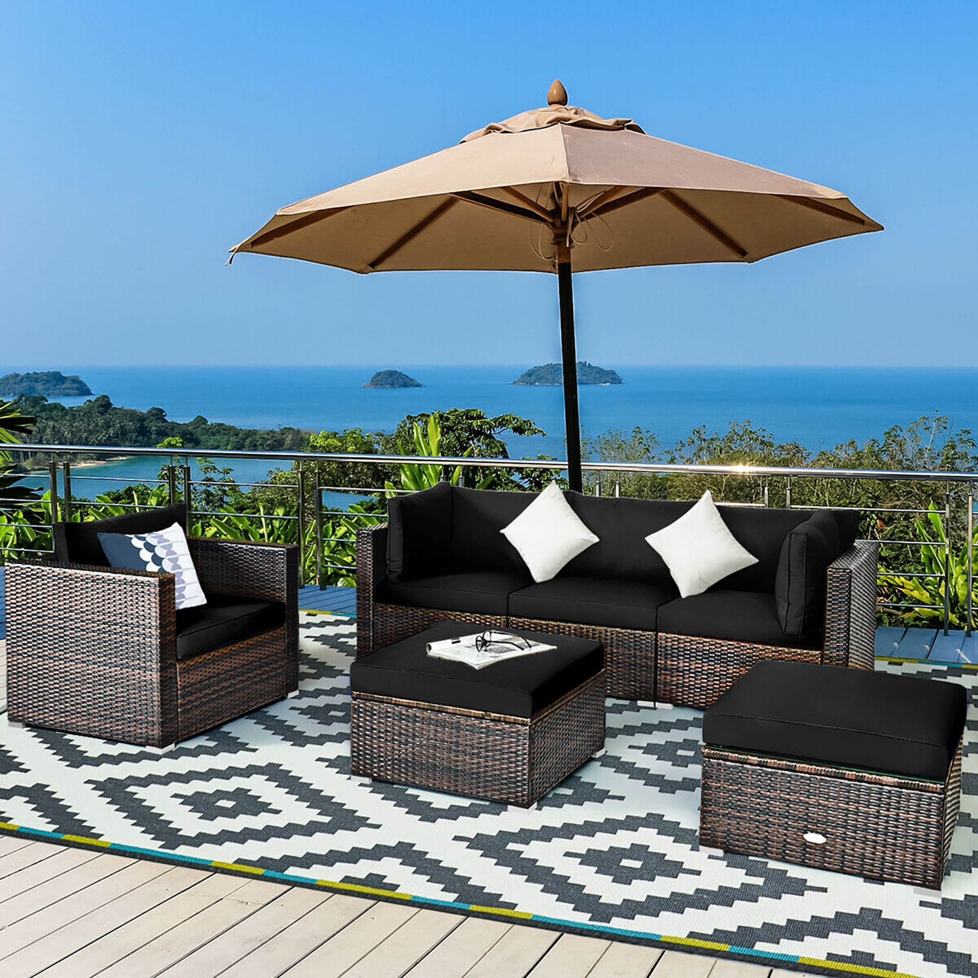 BABOOM BOM-7BK+-CO Patio Furniture Set 6 -Piece Rattan 2 Patio Sofa Conversation Set with Black Cushions