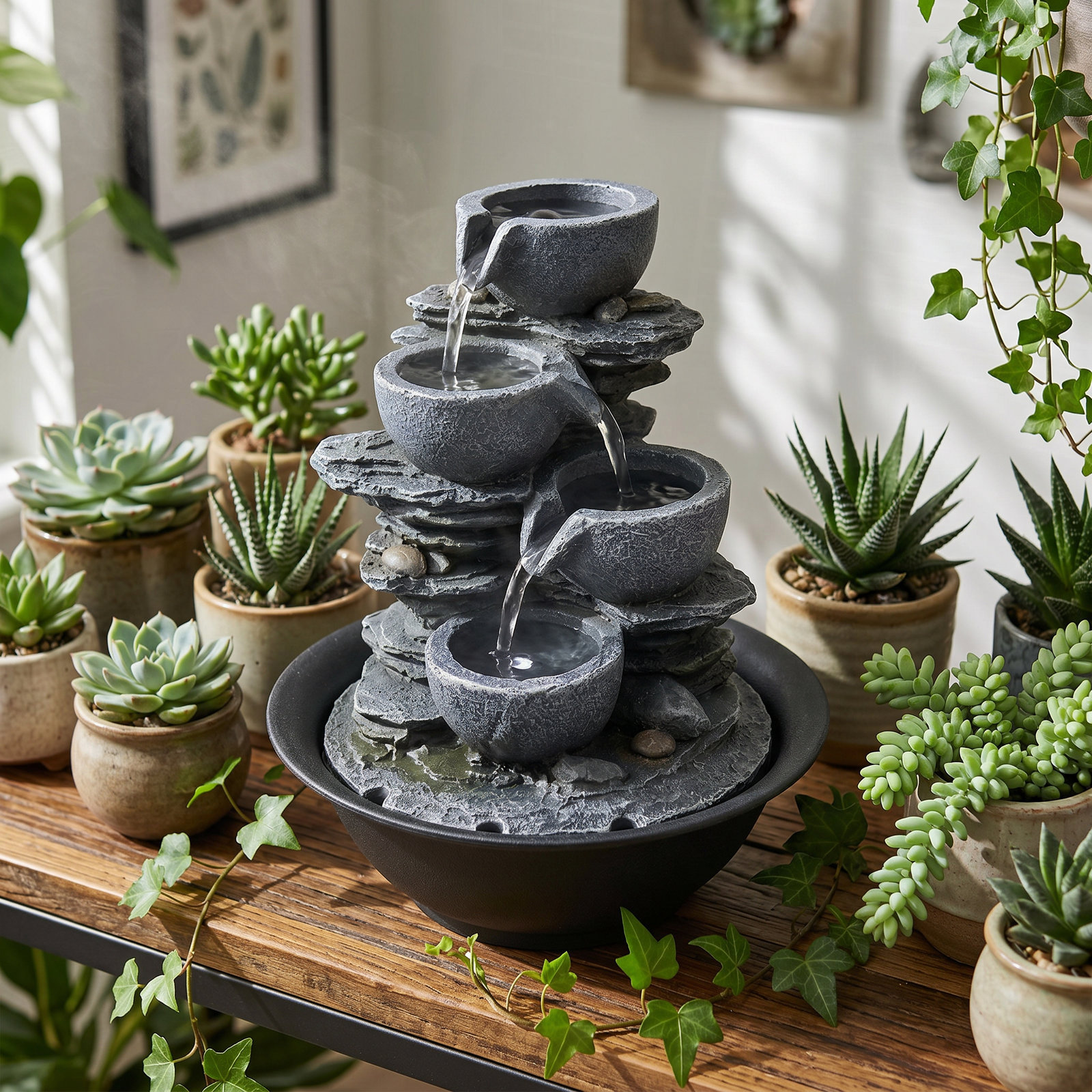 SunJet - Tabletop Indoor Water Fountain Tier Rockery Zen Resin Design for Courtyard Entryway Back...